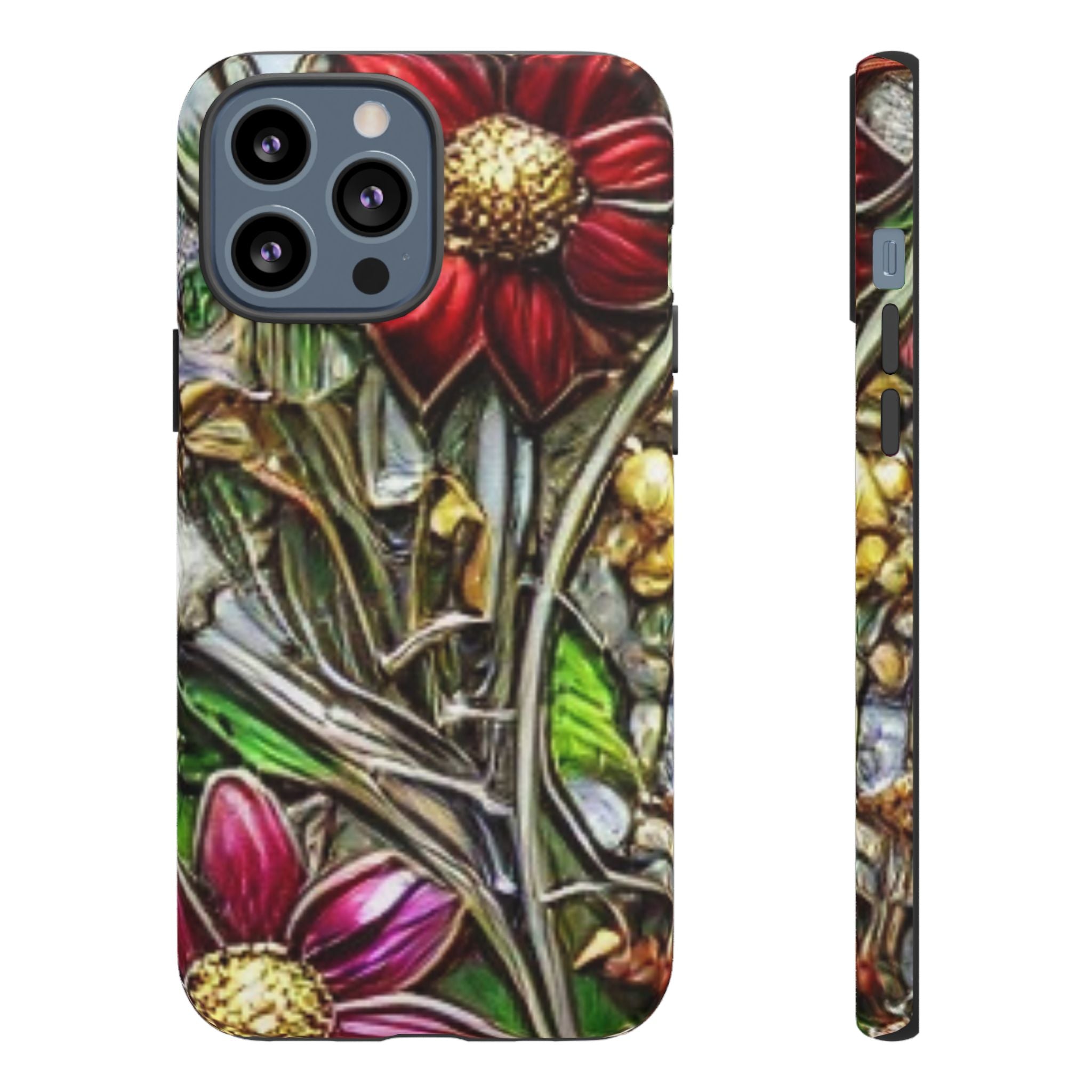 Floral Stained Glass Phone Case – Metallic Red & Purple Flower Design