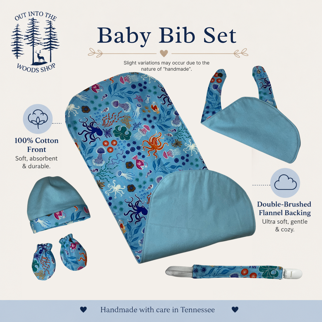 Blue Glow in the Dark Ocean Baby Gift Set – Handmade Bib, Burp Cloth & Pacifier Holder for Newborns (0–3 Months)