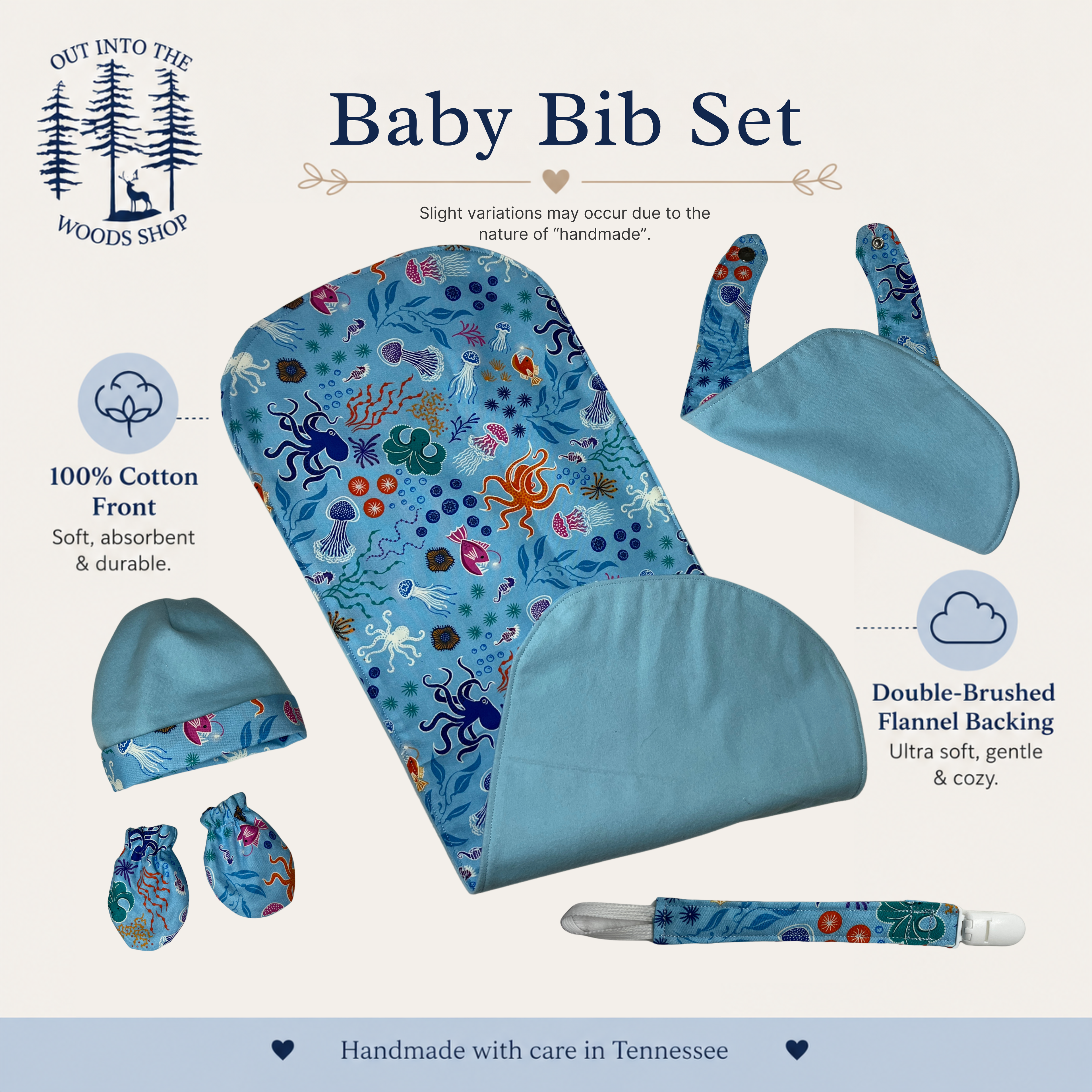 Blue Glow in the Dark Ocean Baby Gift Set – Handmade Bib, Burp Cloth & Pacifier Holder for Newborns (0–3 Months)