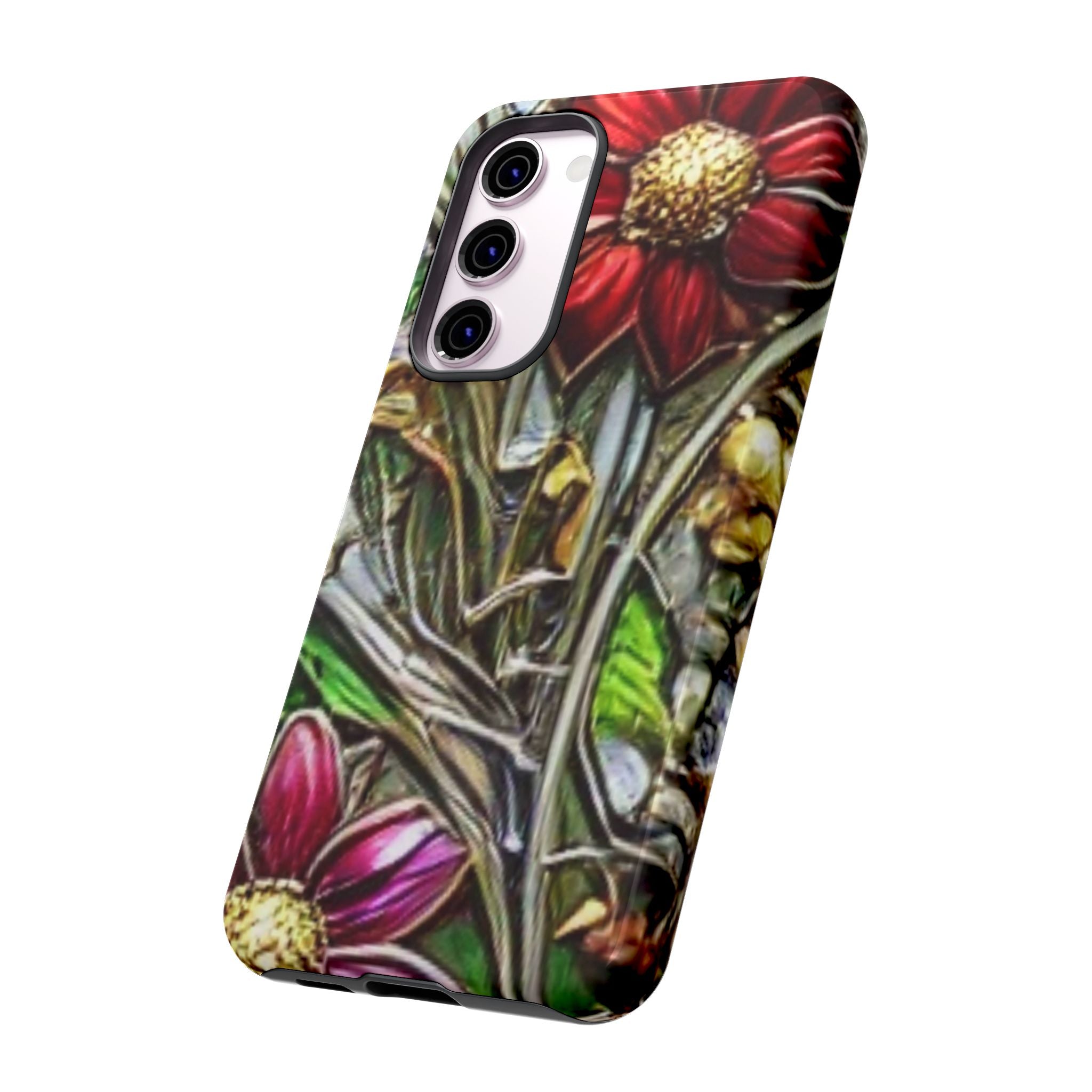 Floral Stained Glass Phone Case – Metallic Red & Purple Flower Design