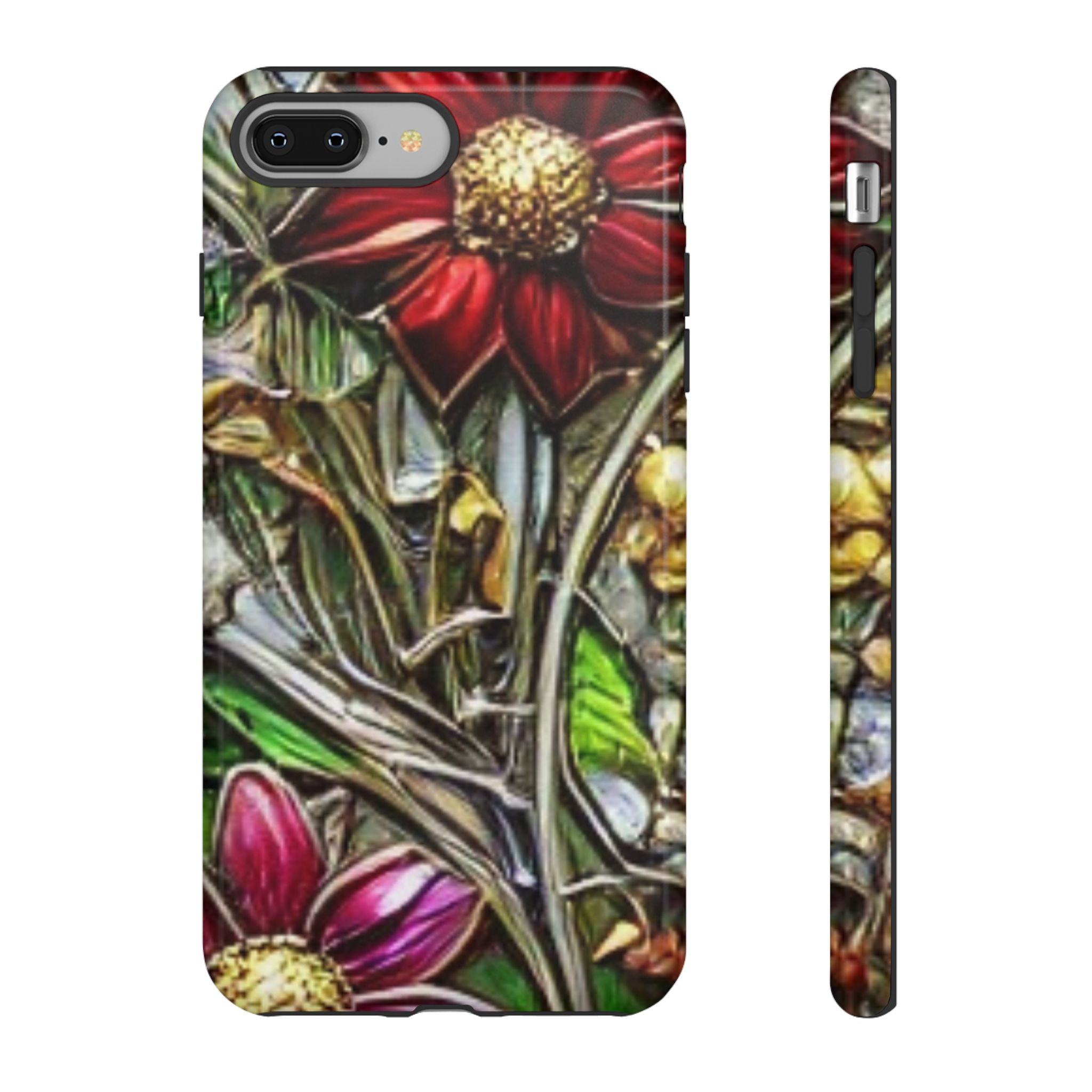 Floral Stained Glass Phone Case – Metallic Red & Purple Flower Design