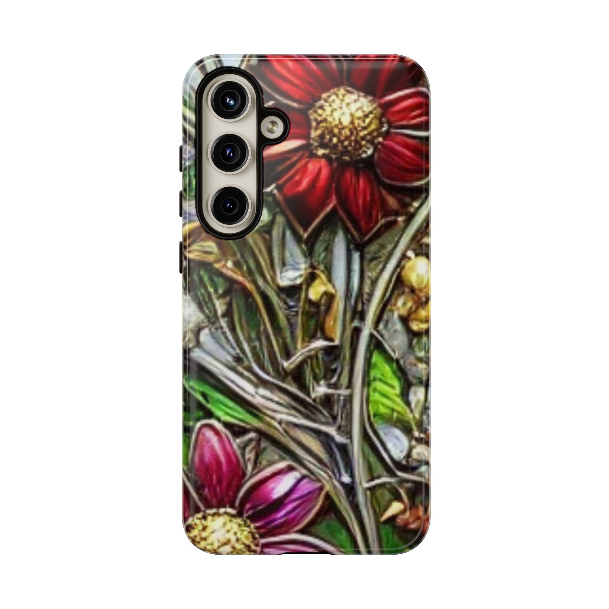 Floral Stained Glass Phone Case – Metallic Red & Purple Flower Design