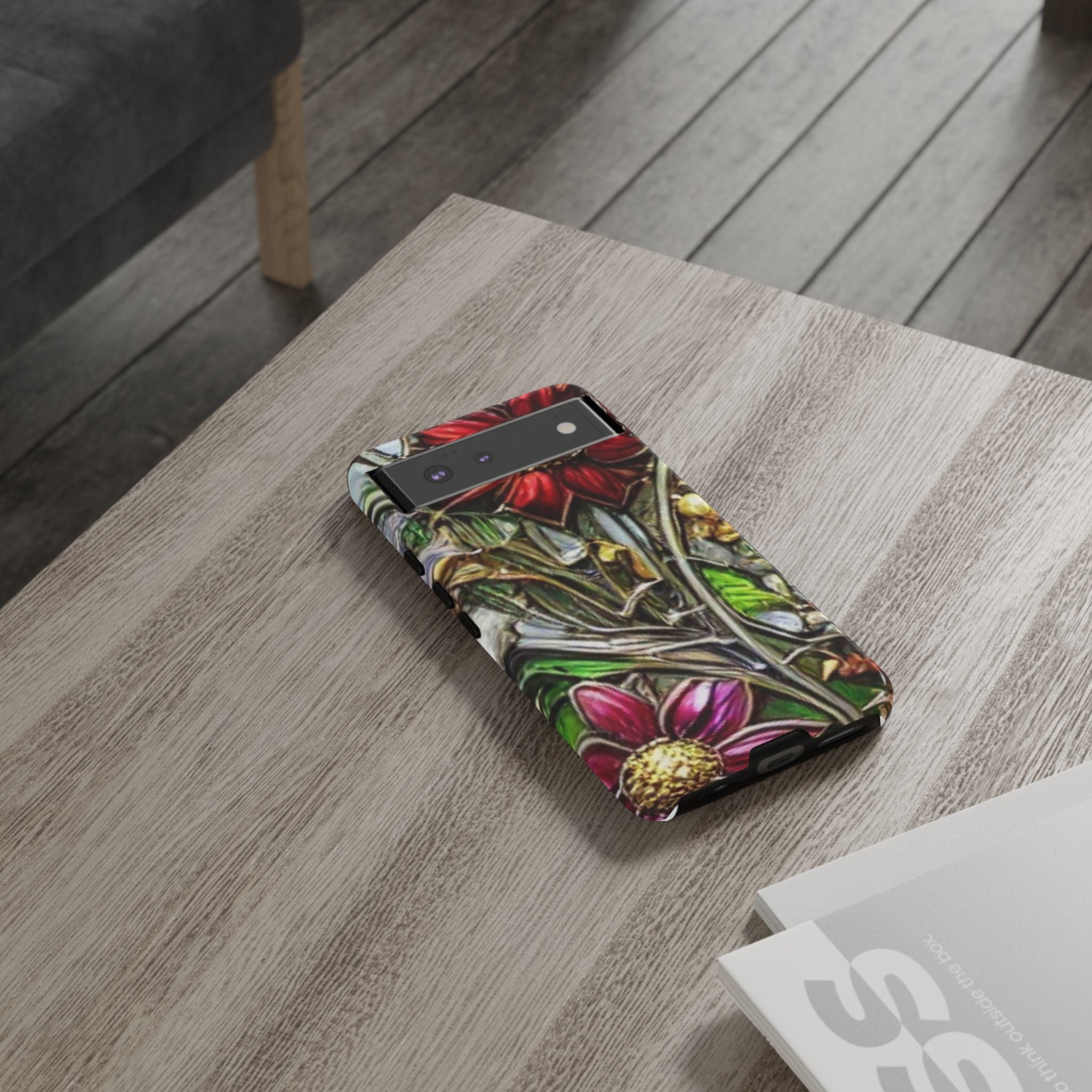 Floral Stained Glass Phone Case – Metallic Red & Purple Flower Design
