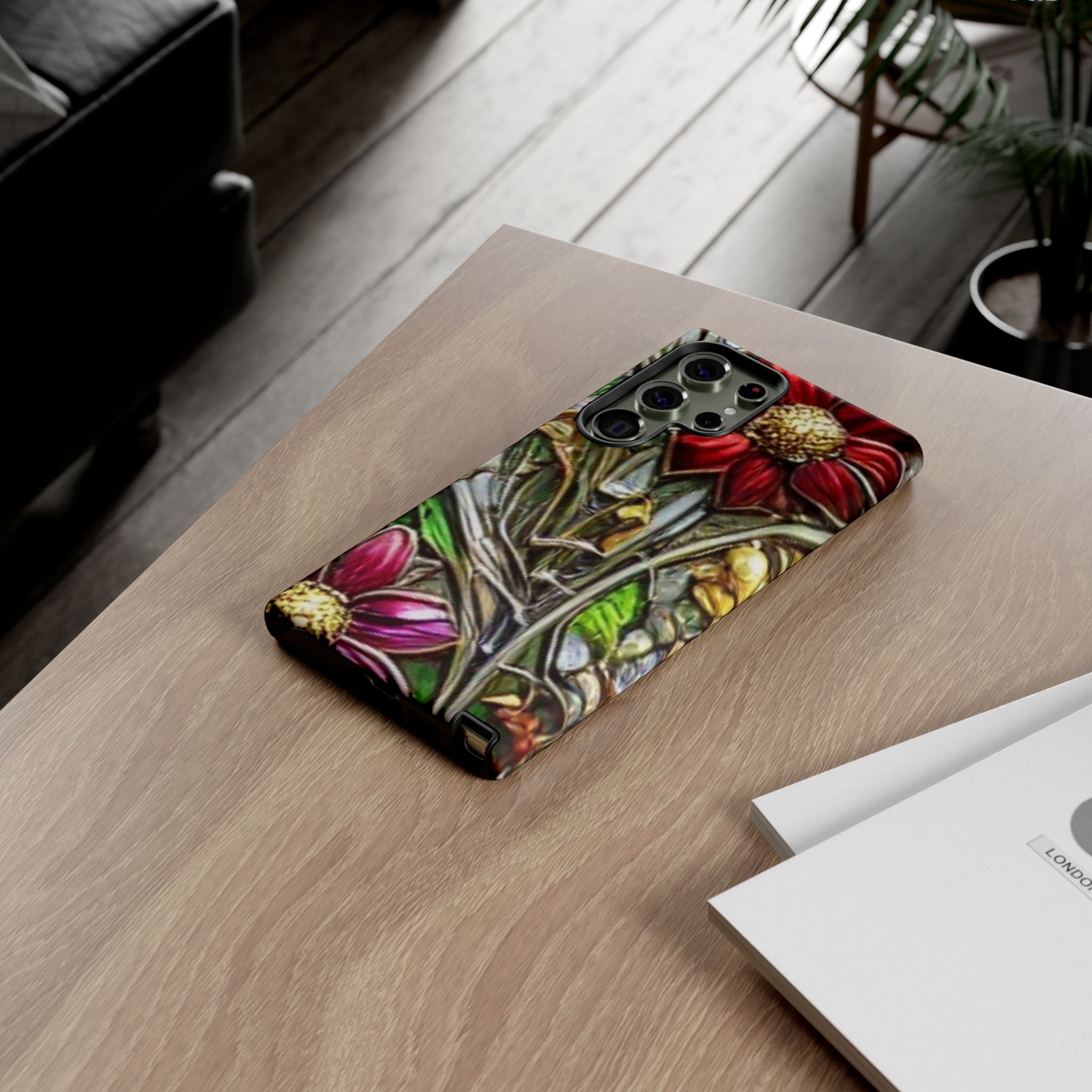 Floral Stained Glass Phone Case – Metallic Red & Purple Flower Design