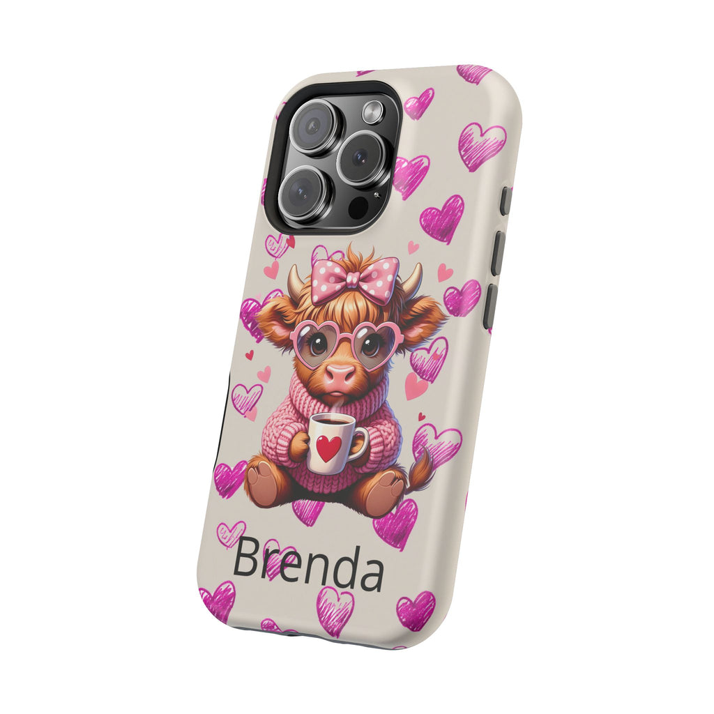 Highland Cow With Pink Hearts iPhone Case, Valentines Magnetic Impact-Resistant Case