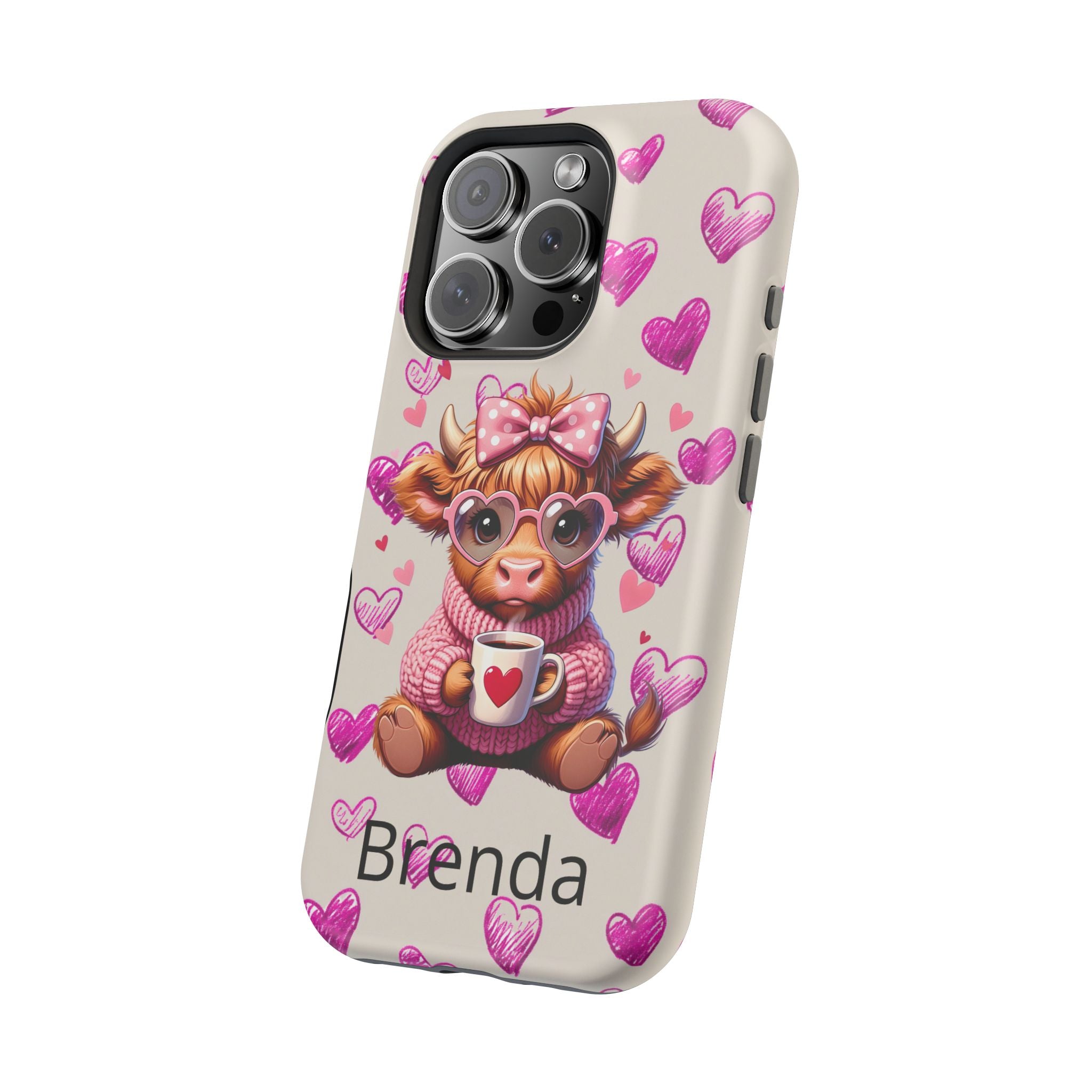 Highland Cow With Pink Hearts iPhone Case, Valentines Magnetic Impact-Resistant Case