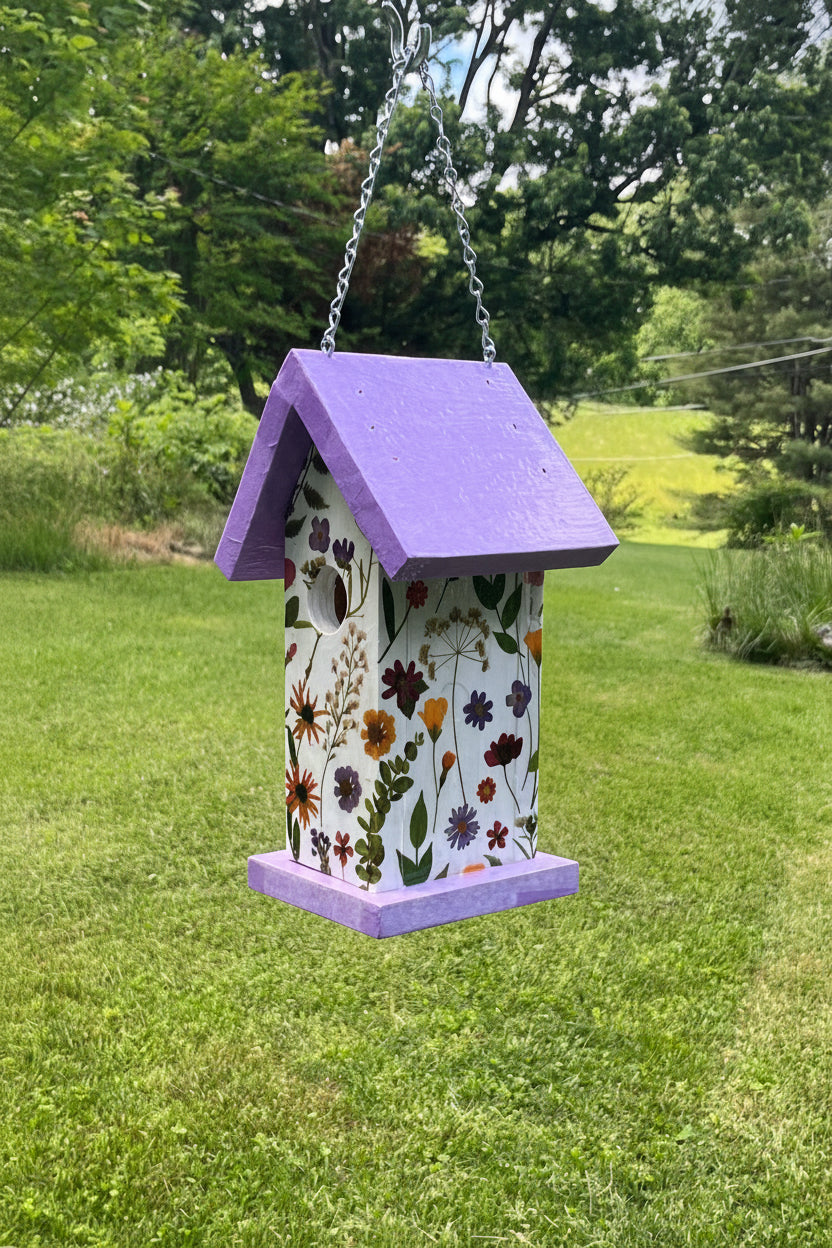 Handmade Purple Wildflower Wooden Birdhouse