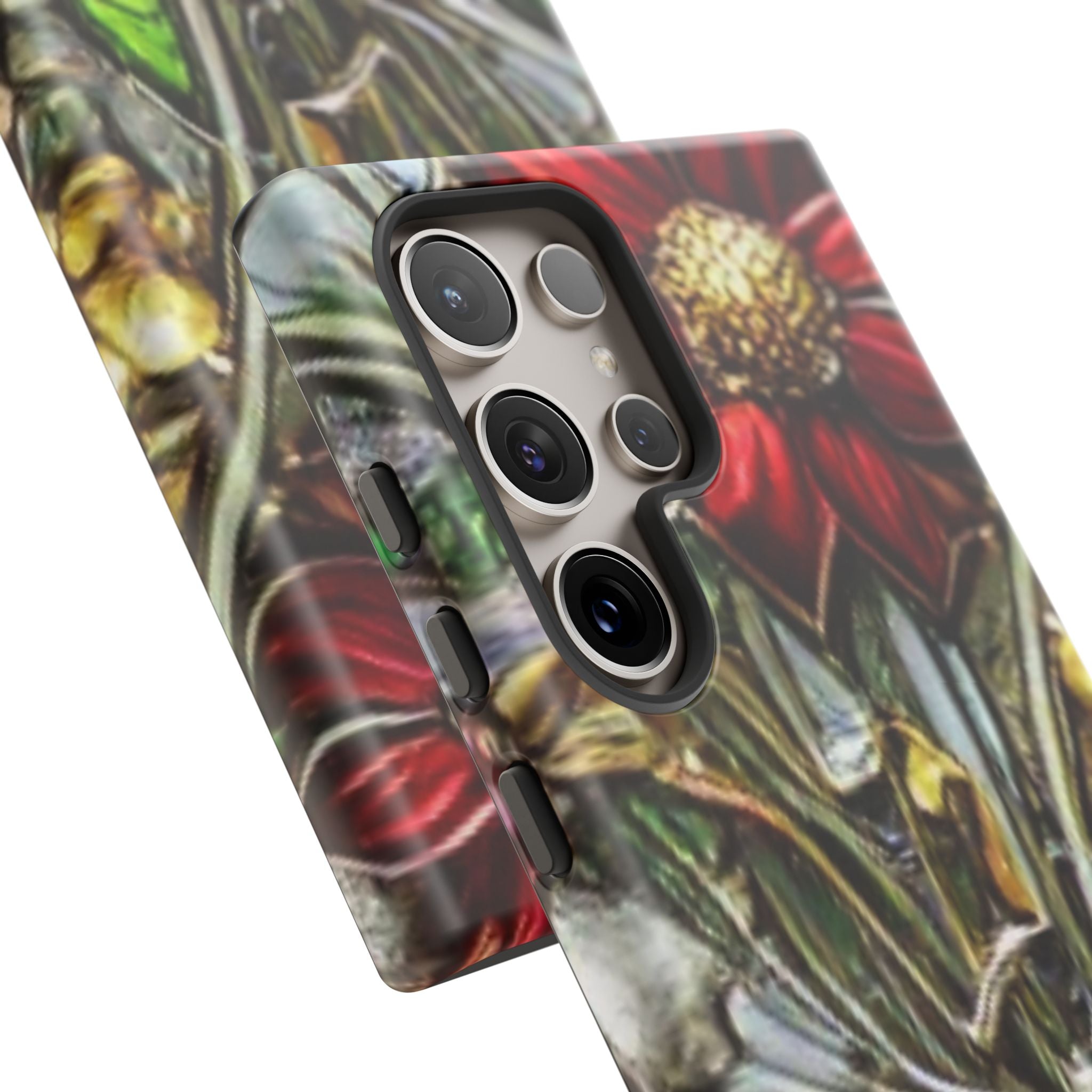 Floral Stained Glass Phone Case – Metallic Red & Purple Flower Design