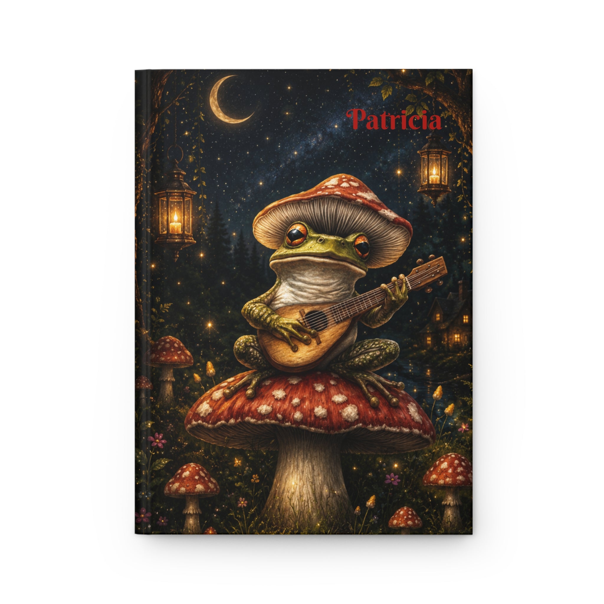 Personalized Frog & Mushroom Journal — Whimsical Night Forest Hardcover Notebook | Custom Name, Lined Pages, Cottagecore Gift