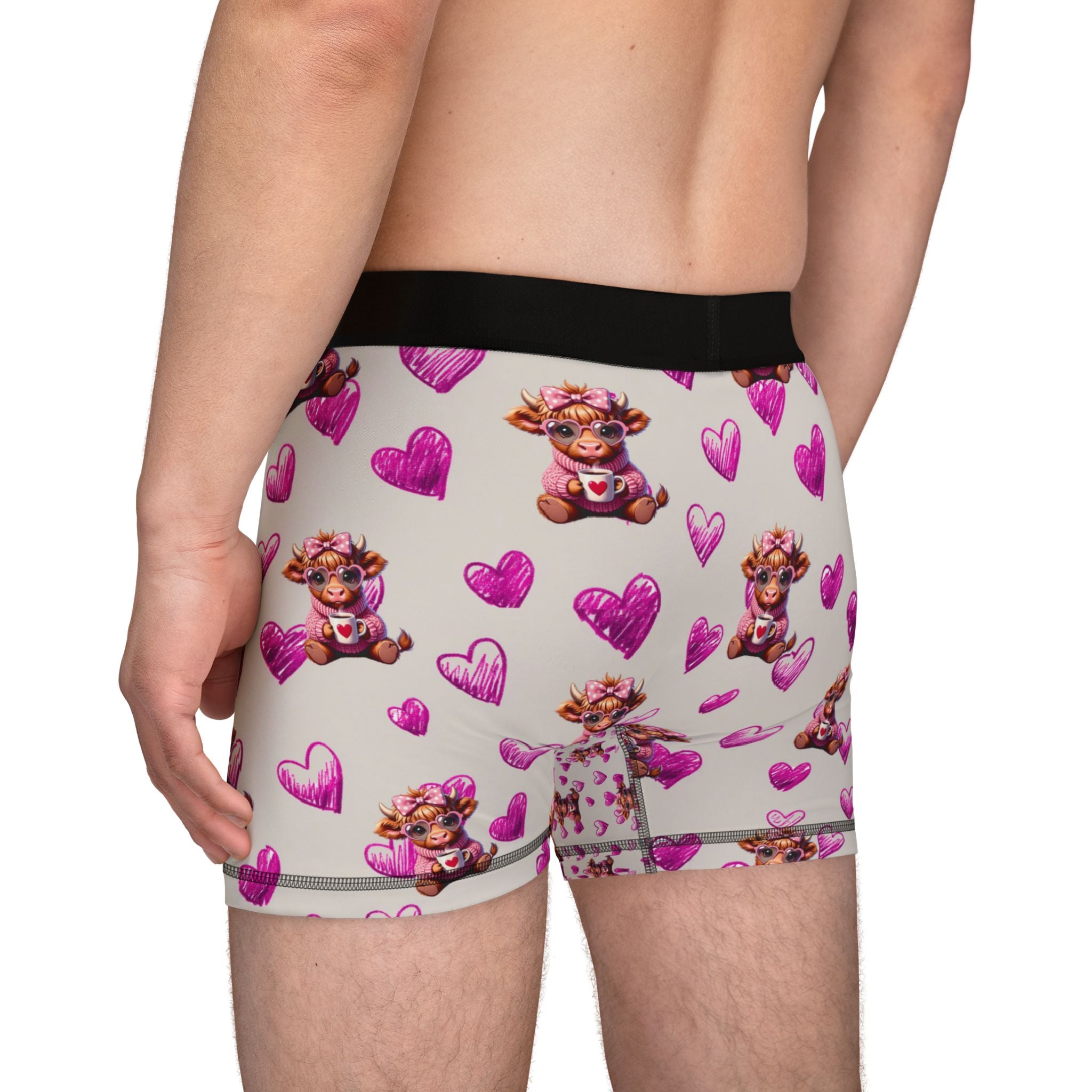 Highland Cow Pink Hearts Boxer Shorts, Valentines Mens Boxers Underwear