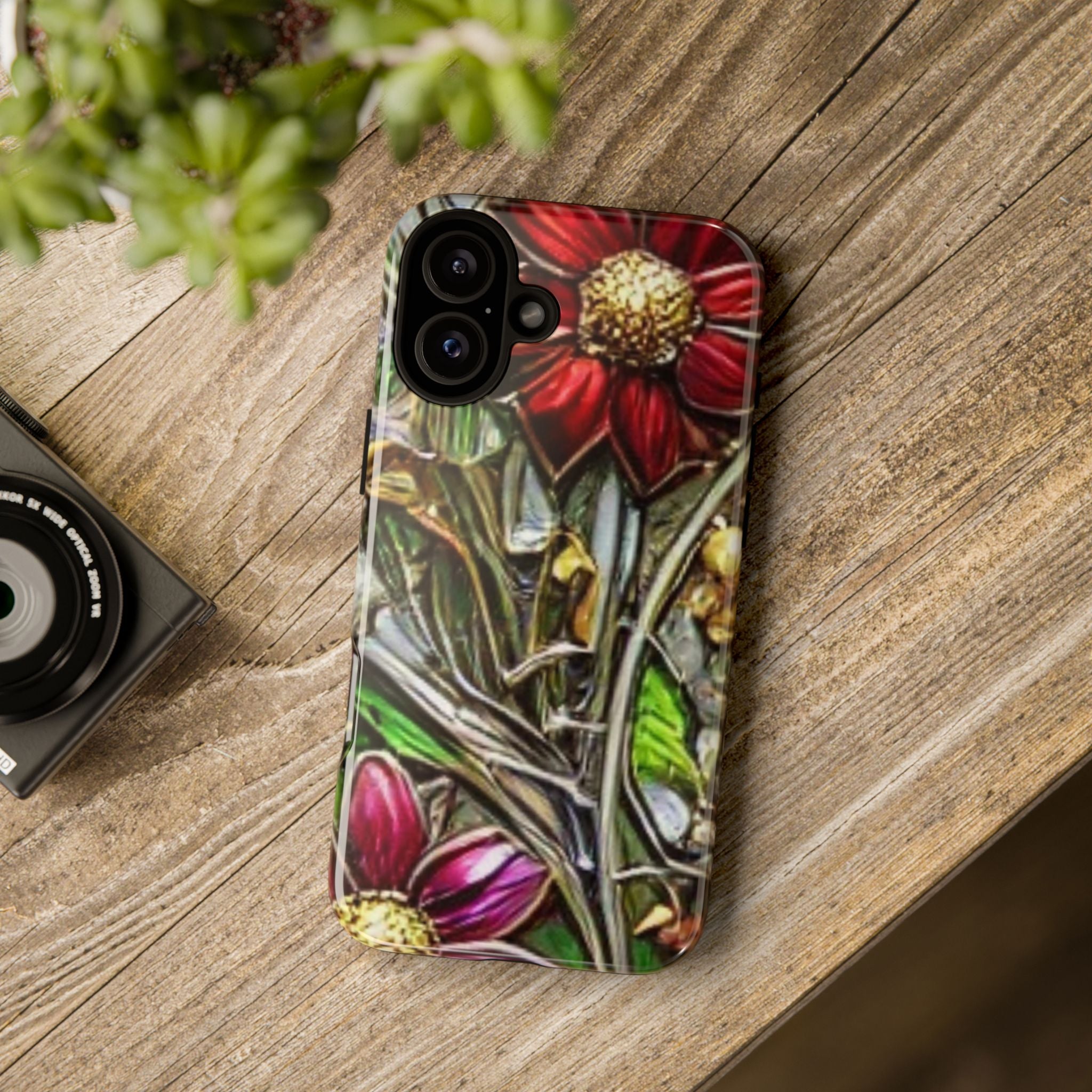 Floral Stained Glass Phone Case – Metallic Red & Purple Flower Design
