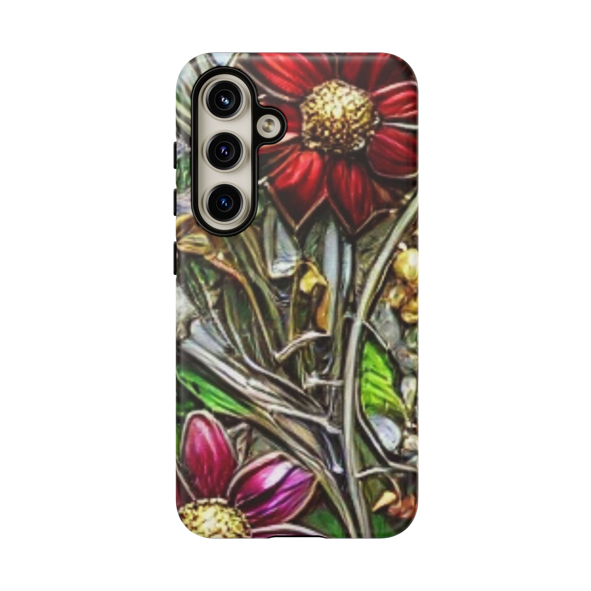 Floral Stained Glass Phone Case – Metallic Red & Purple Flower Design