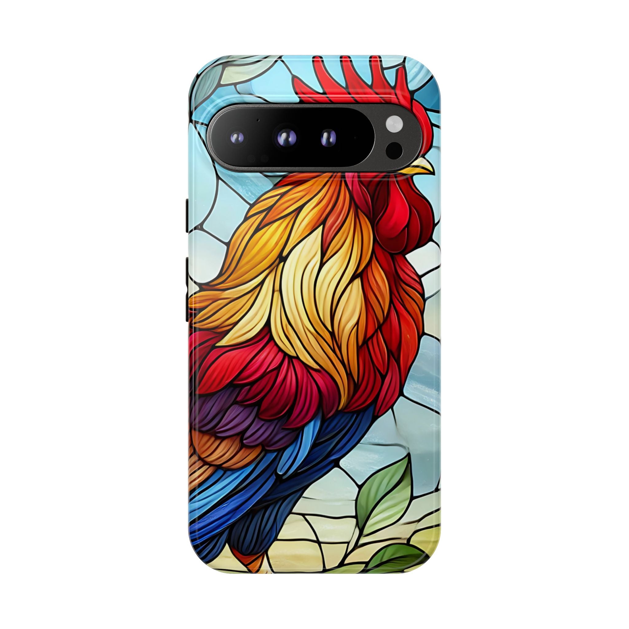 Rooster Faux Stained Glass Phone Case – 3D Full-Wrap Protective Cover with TPU Liner