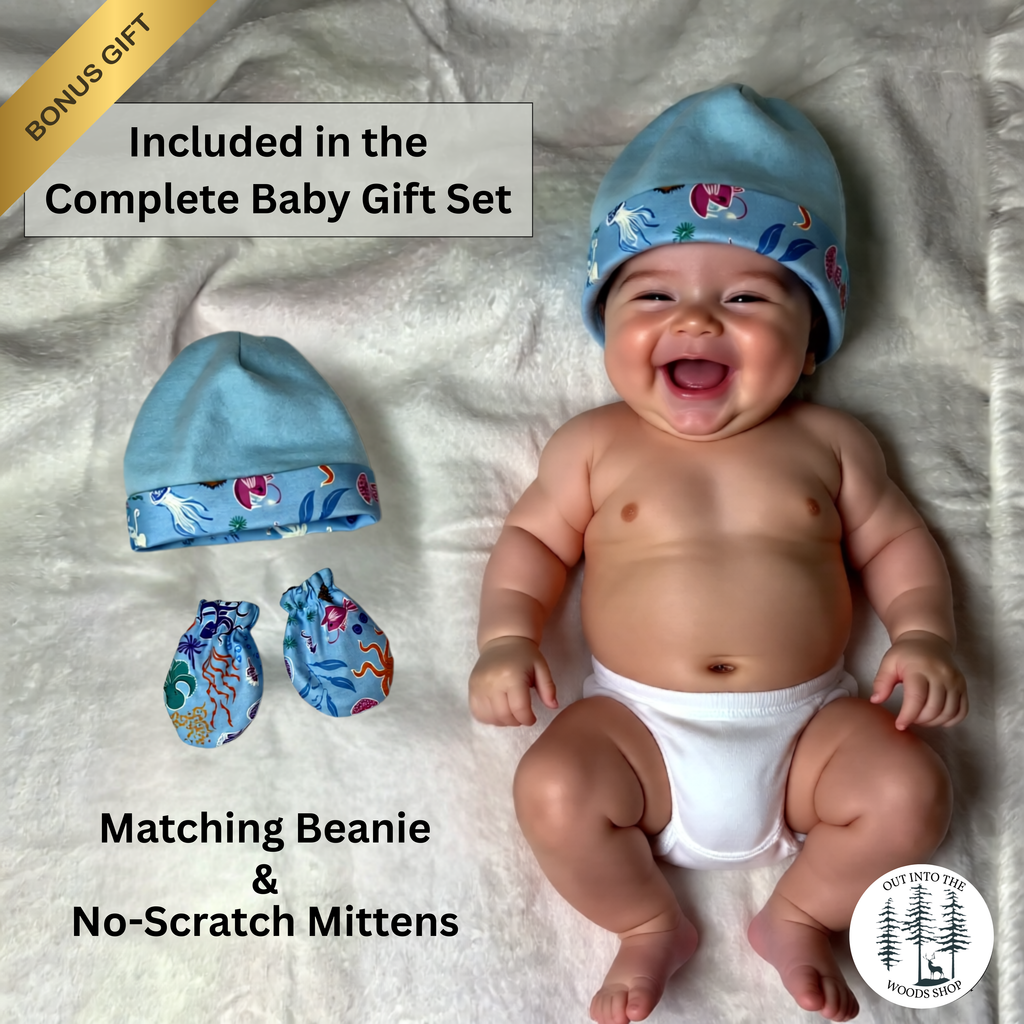Blue Glow in the Dark Ocean Baby Gift Set – Handmade Bib, Burp Cloth & Pacifier Holder for Newborns (0–3 Months)