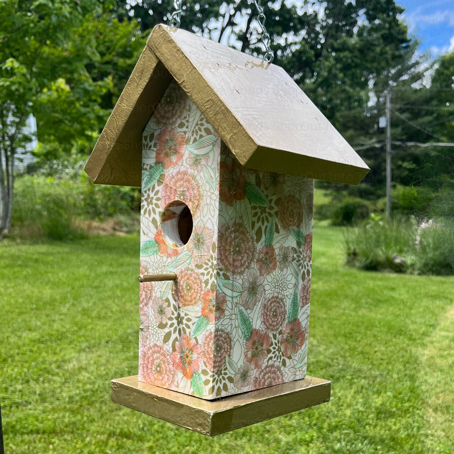 Handmade Gold Floral Birdhouse, Summer Garden Decor, Wooden Hanging Nesting Box, Beautiful Decoupage Yard Art