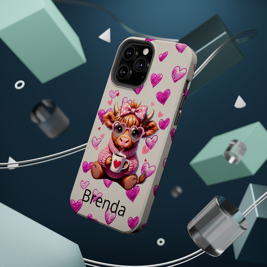 Highland Cow With Pink Hearts iPhone Case, Valentines Magnetic Impact-Resistant Case