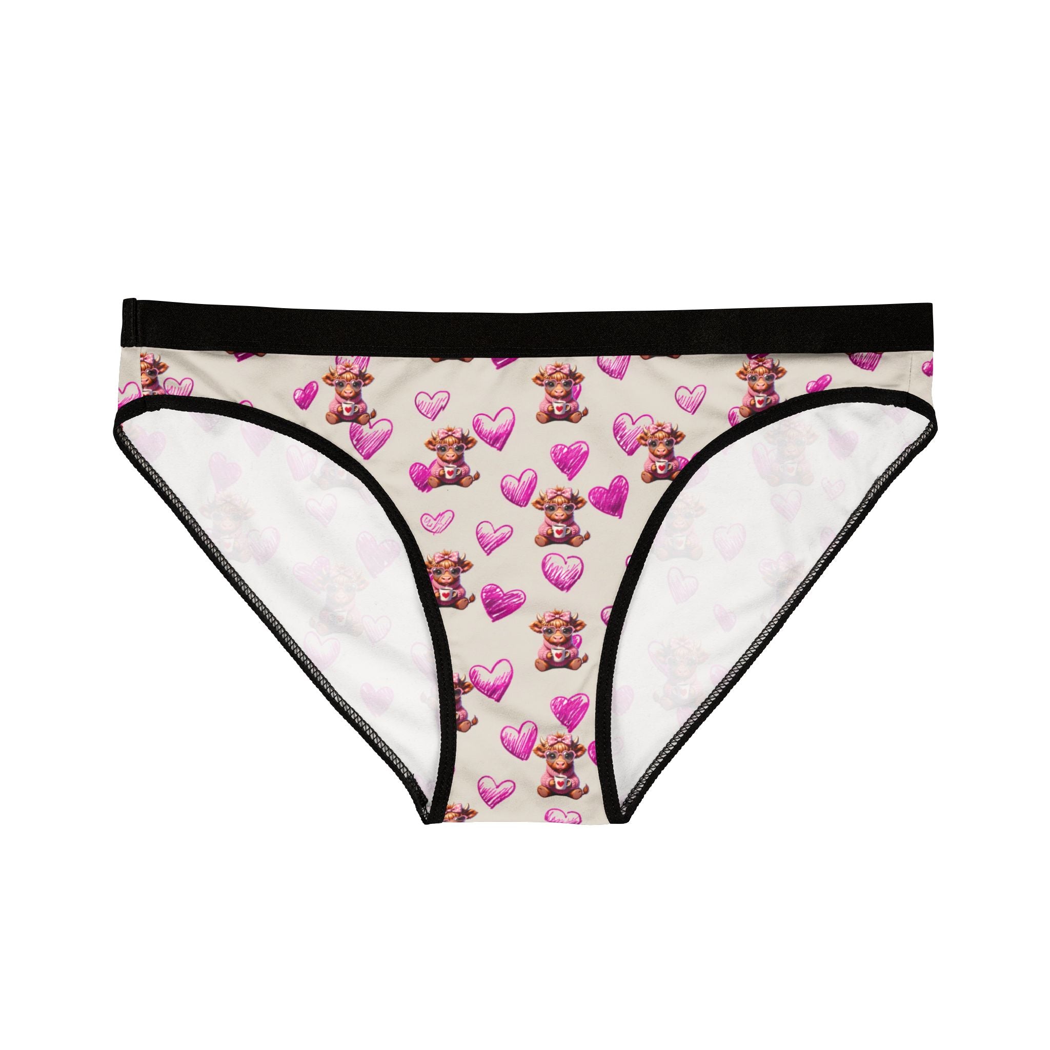 Pink Heart Highland Cow Print Bikini Briefs, Women's Underwear