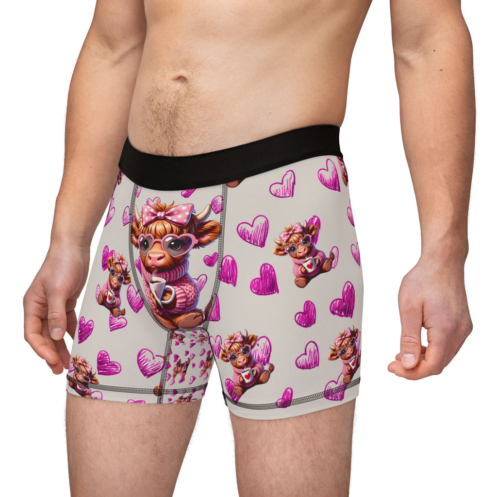 Highland Cow Pink Hearts Boxer Shorts, Valentines Mens Boxers Underwear