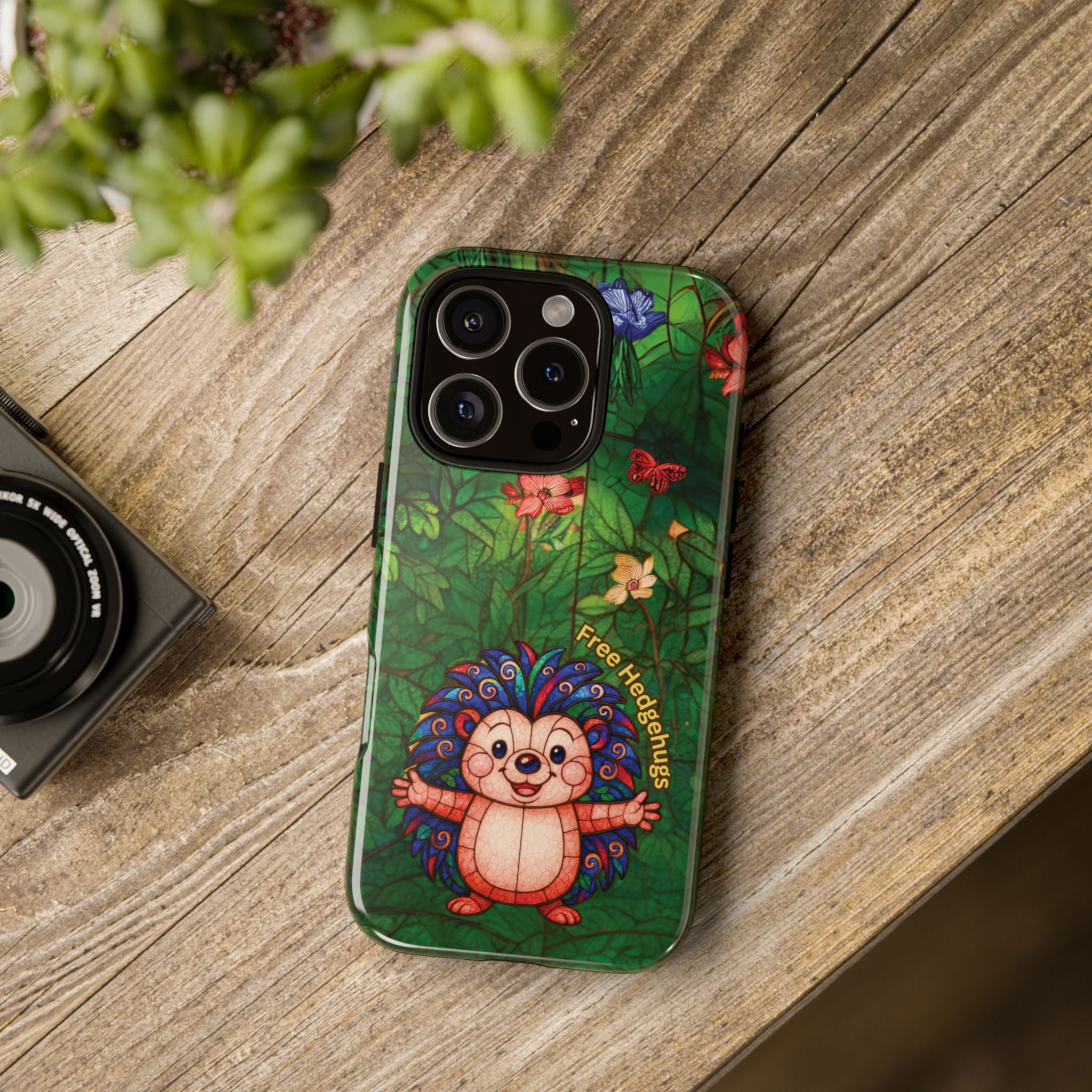 Stained Glass Hedgehog Phone Case – "Free Hedgehugs" Floral Design
