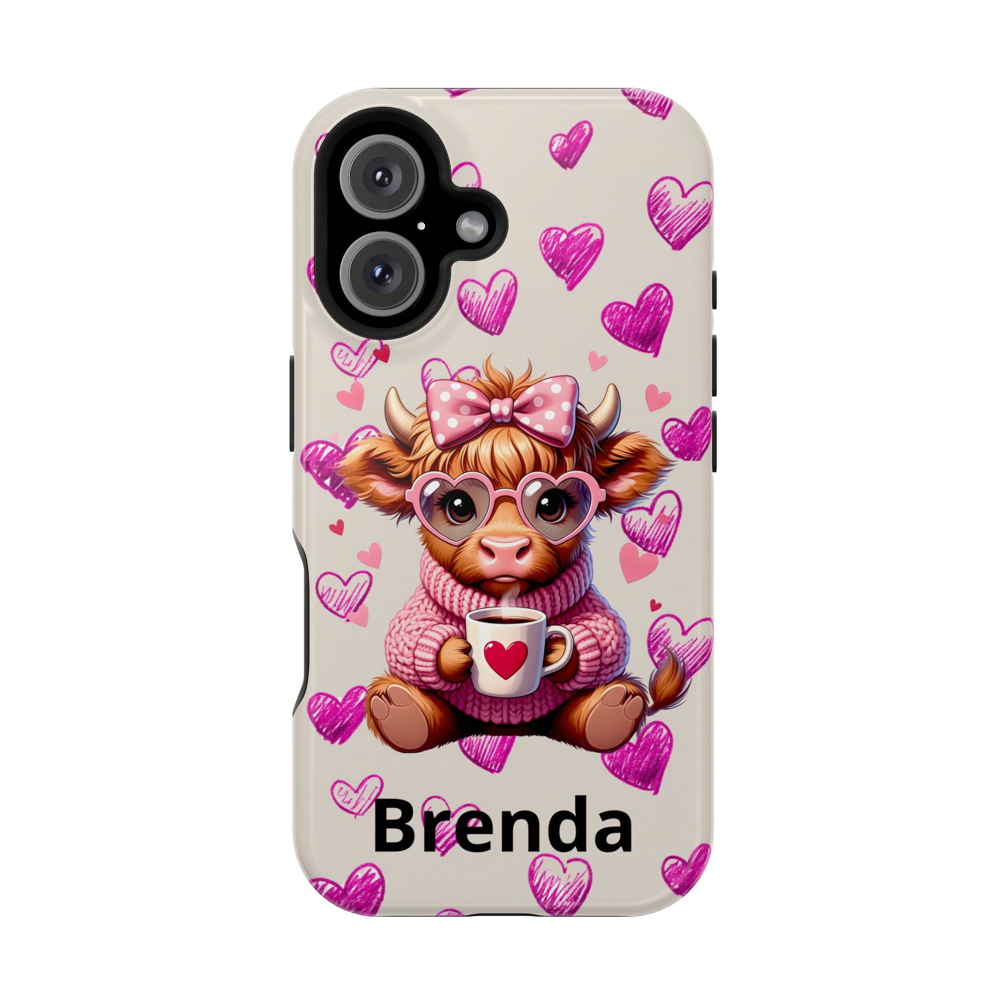 Highland Cow With Pink Hearts iPhone Case, Valentines Magnetic Impact-Resistant Case