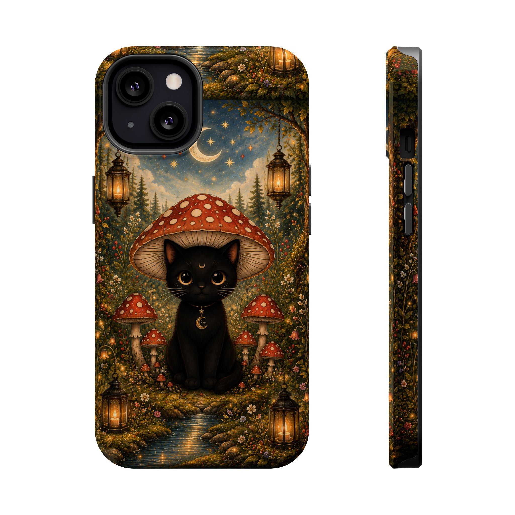 Black Cat & Mushroom Phone Case – Magical MagSafe-Compatible Cover