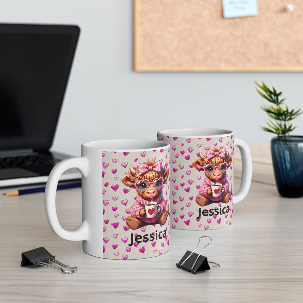 Custom Highland Cow With Pink Hearts Mug, Personalized Valentine Ceramic Coffee Cup