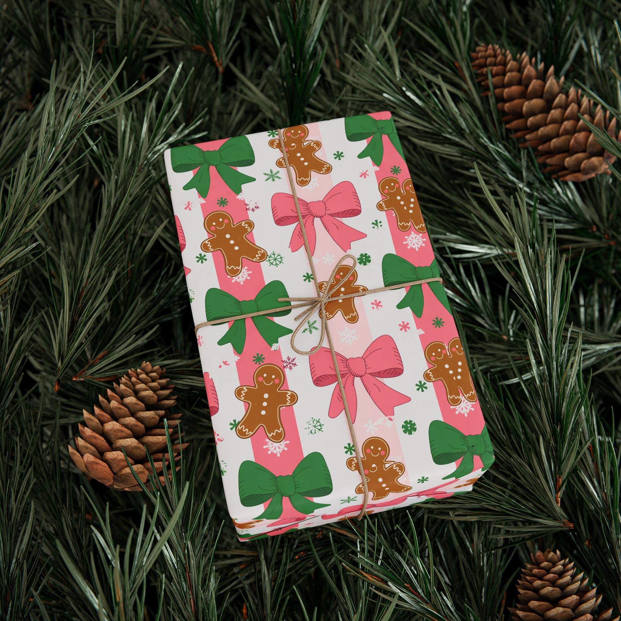 Gingerbread & Bows Wrapping Paper Roll — Festive Holiday Gift Wrap