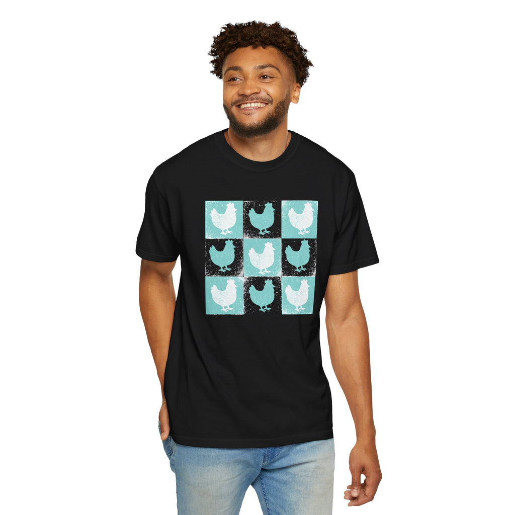 Whimsical Chicken Art T-Shirt, Checkerboard Rooster Shirt , Chicken Lover Tee
