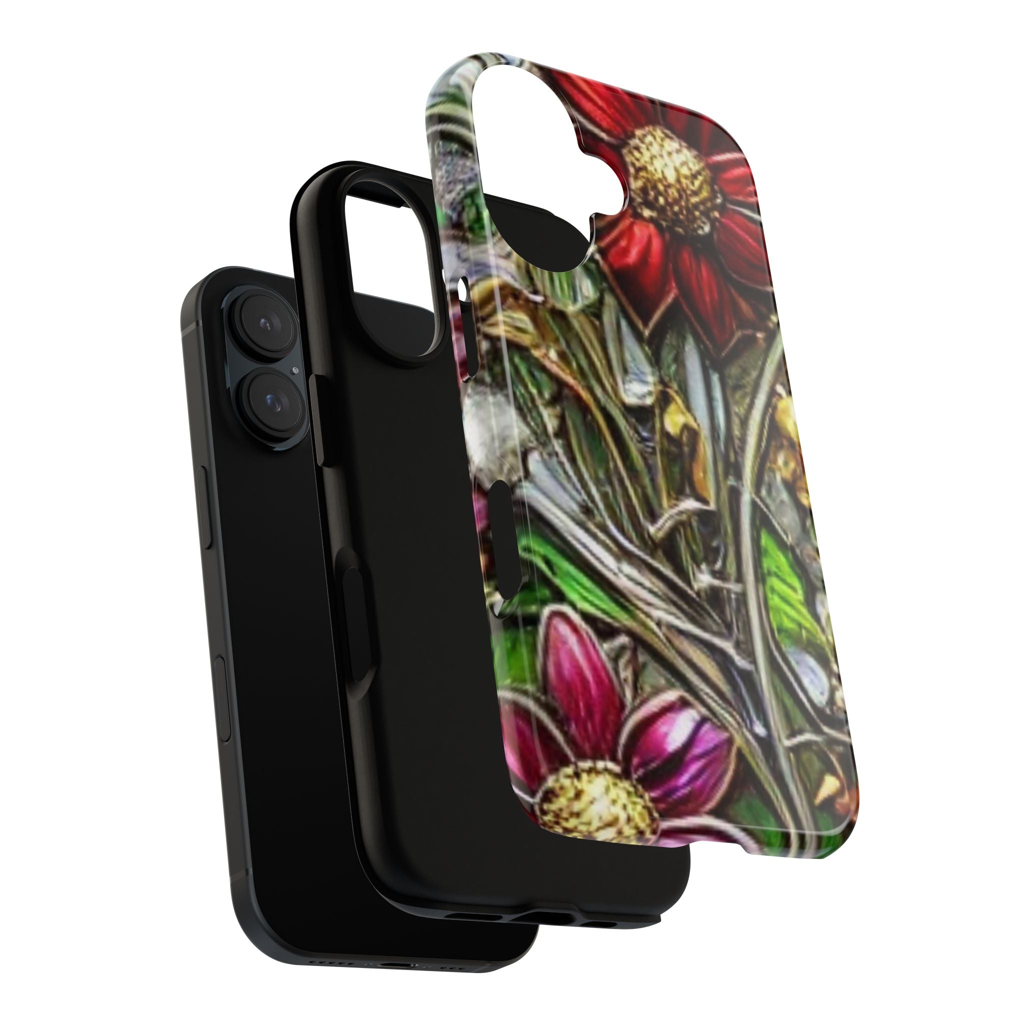 Floral Stained Glass Phone Case – Metallic Red & Purple Flower Design