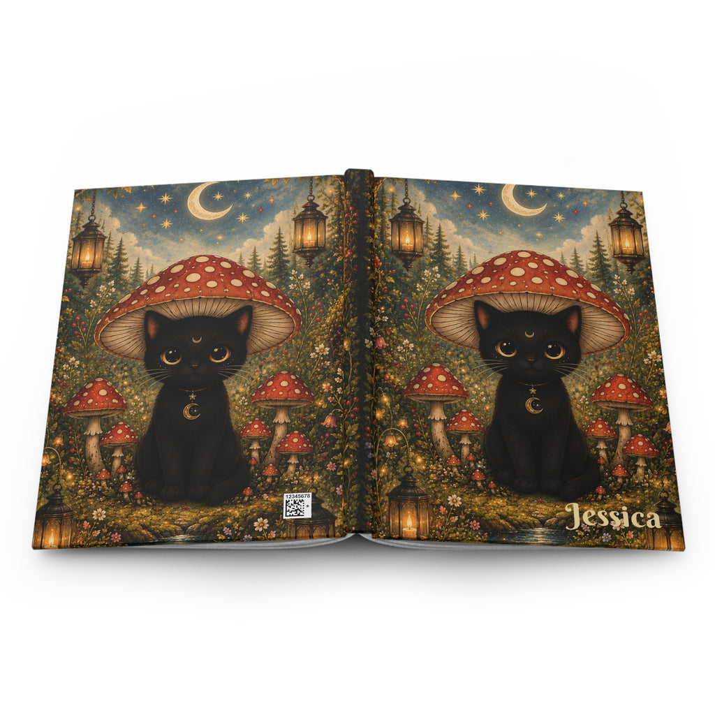 Personalized Black Cat Journal — Moonlit Mushroom Hardcover Notebook | Lined Pages, Witch Aesthetic Gift