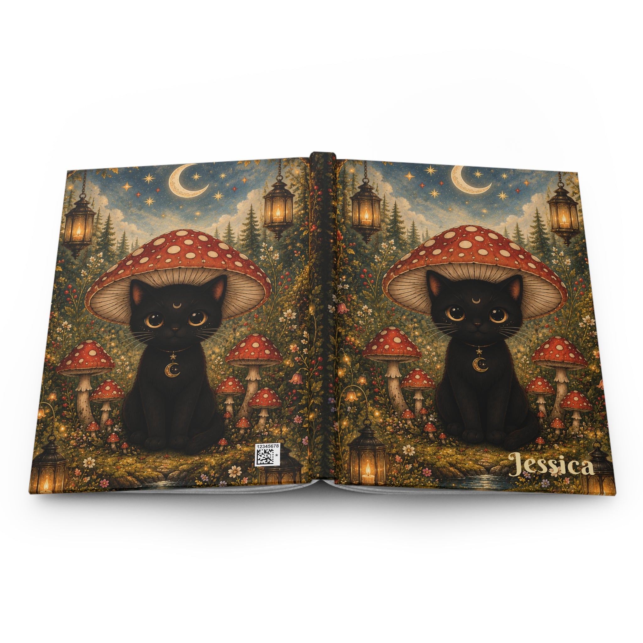 Personalized Black Cat Journal — Moonlit Mushroom Hardcover Notebook | Lined Pages, Witch Aesthetic Gift