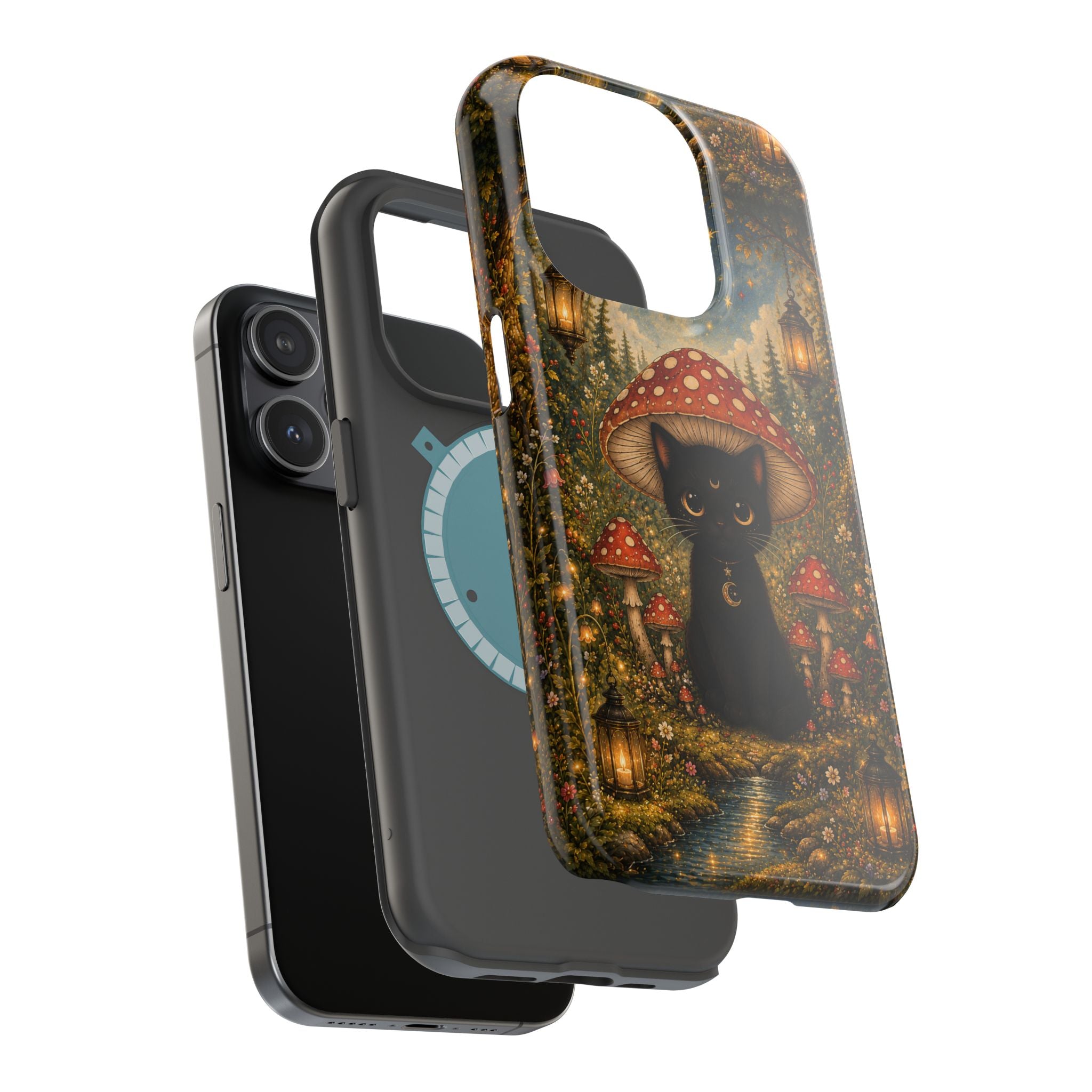 Black Cat & Mushroom Phone Case – Magical MagSafe-Compatible Cover