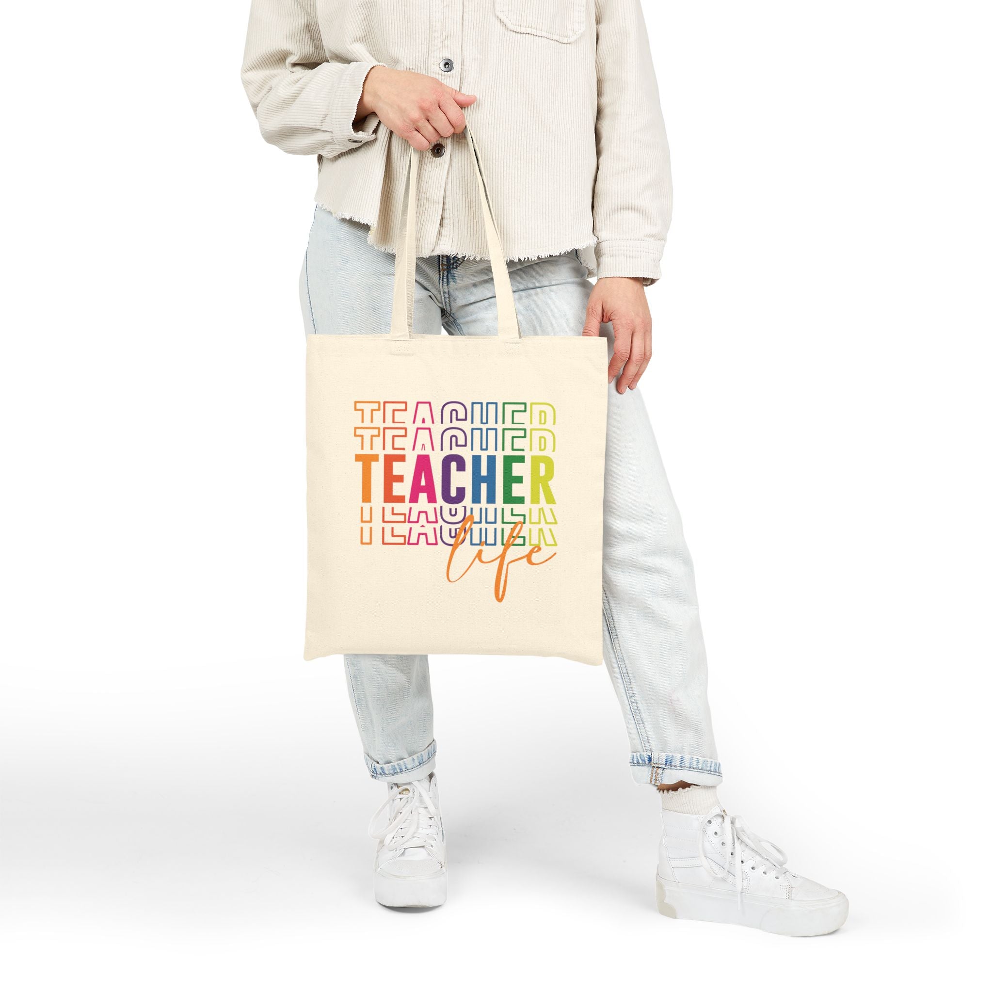Colorful Teacher Life Tote Bag, End of Year Teacher Appreciation Gift, Reusable Rainbow Shopping Bag