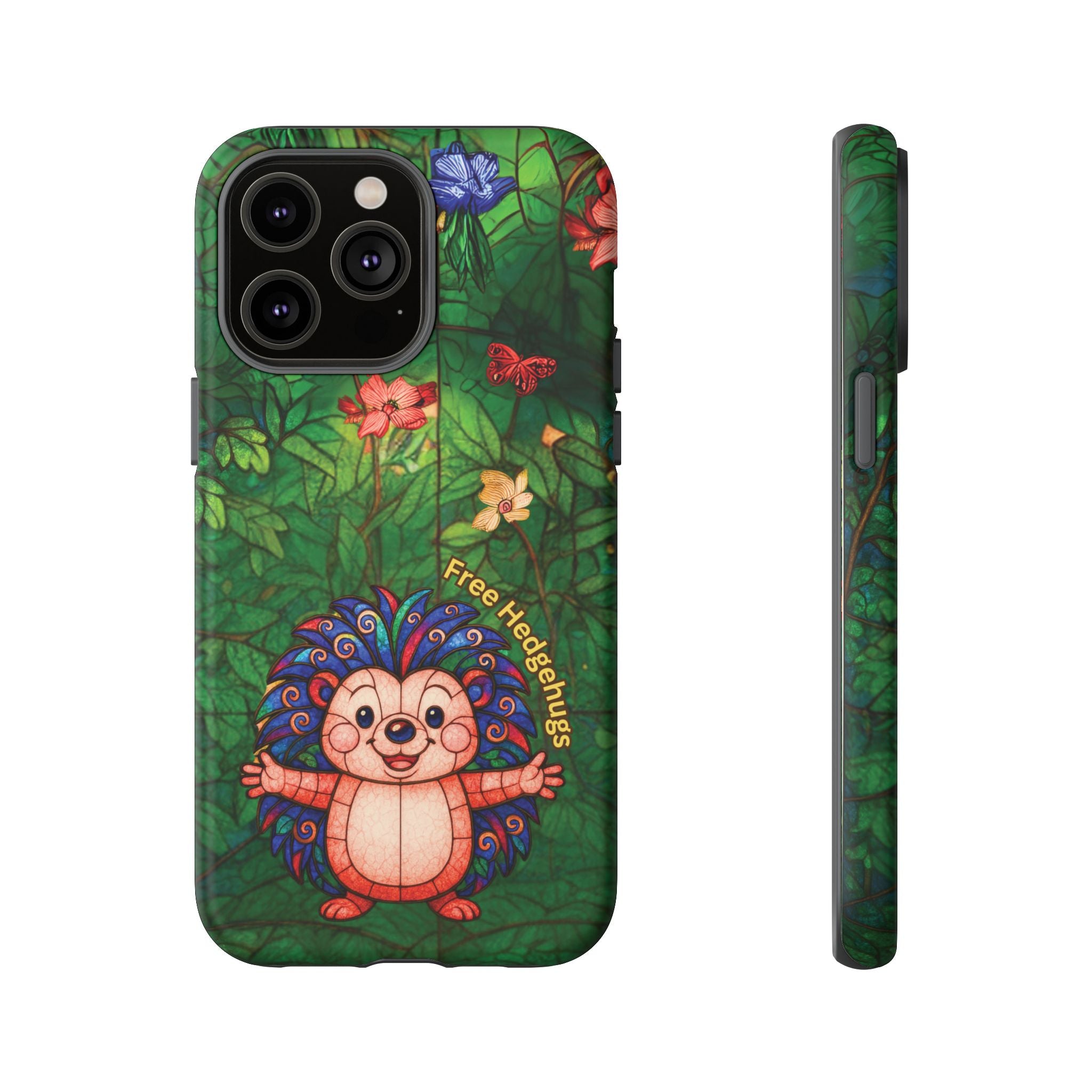 Stained Glass Hedgehog Phone Case – "Free Hedgehugs" Floral Design
