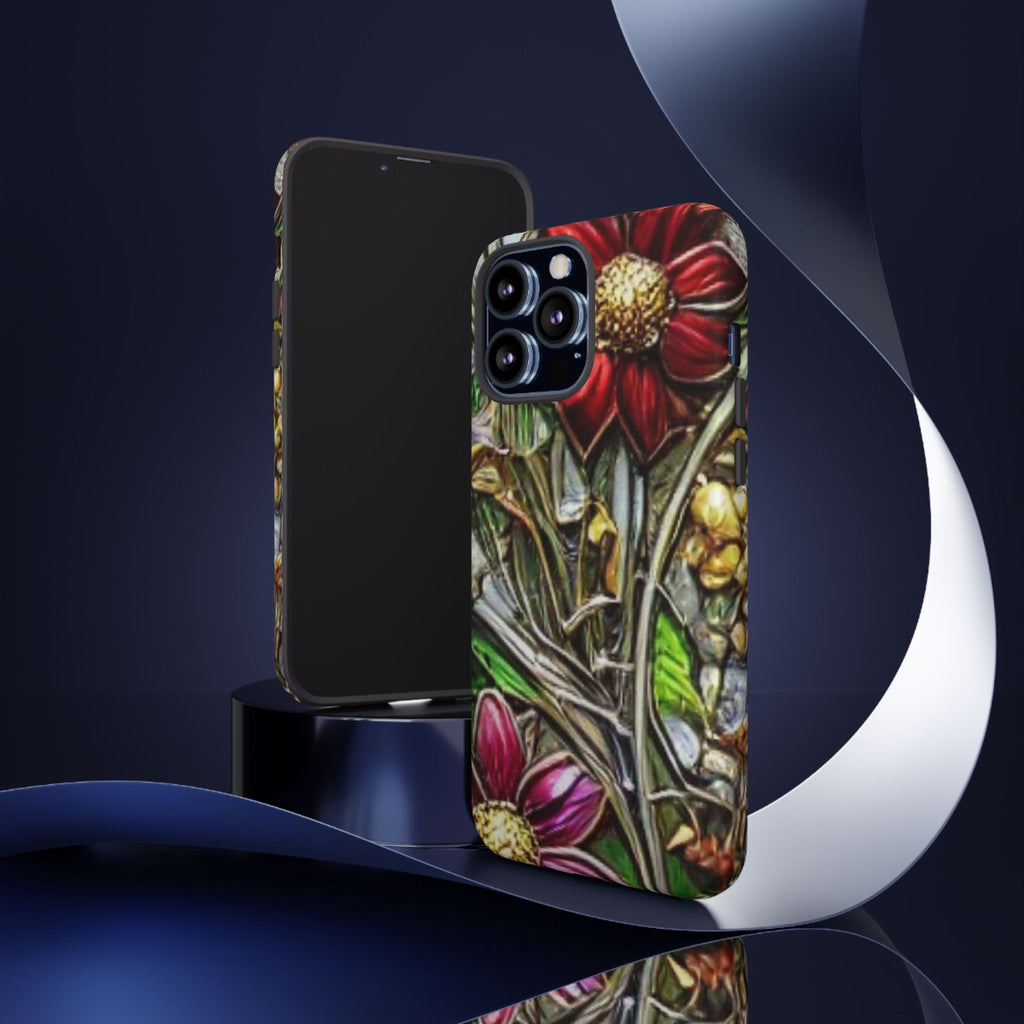 Floral Stained Glass Phone Case – Metallic Red & Purple Flower Design