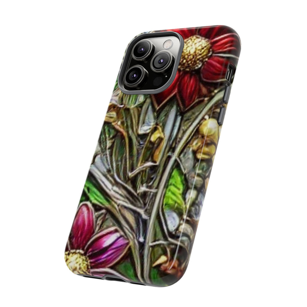Floral Stained Glass Phone Case – Metallic Red & Purple Flower Design