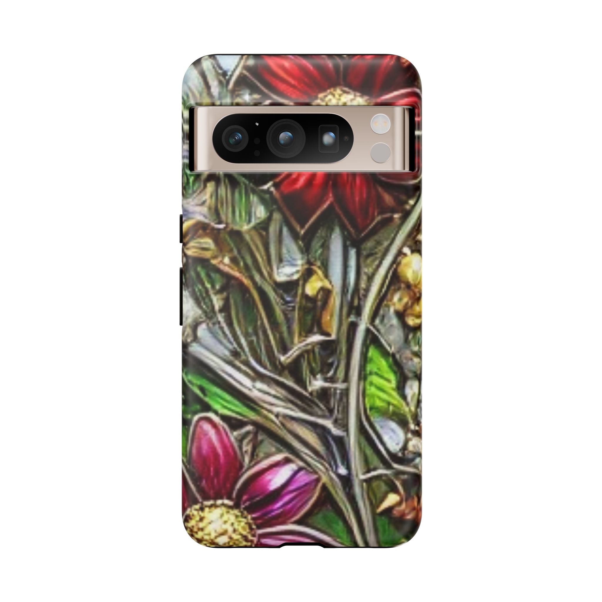 Floral Stained Glass Phone Case – Metallic Red & Purple Flower Design