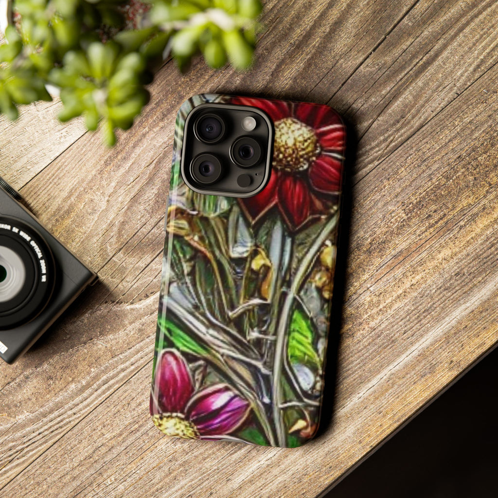 Floral Stained Glass Phone Case – Metallic Red & Purple Flower Design