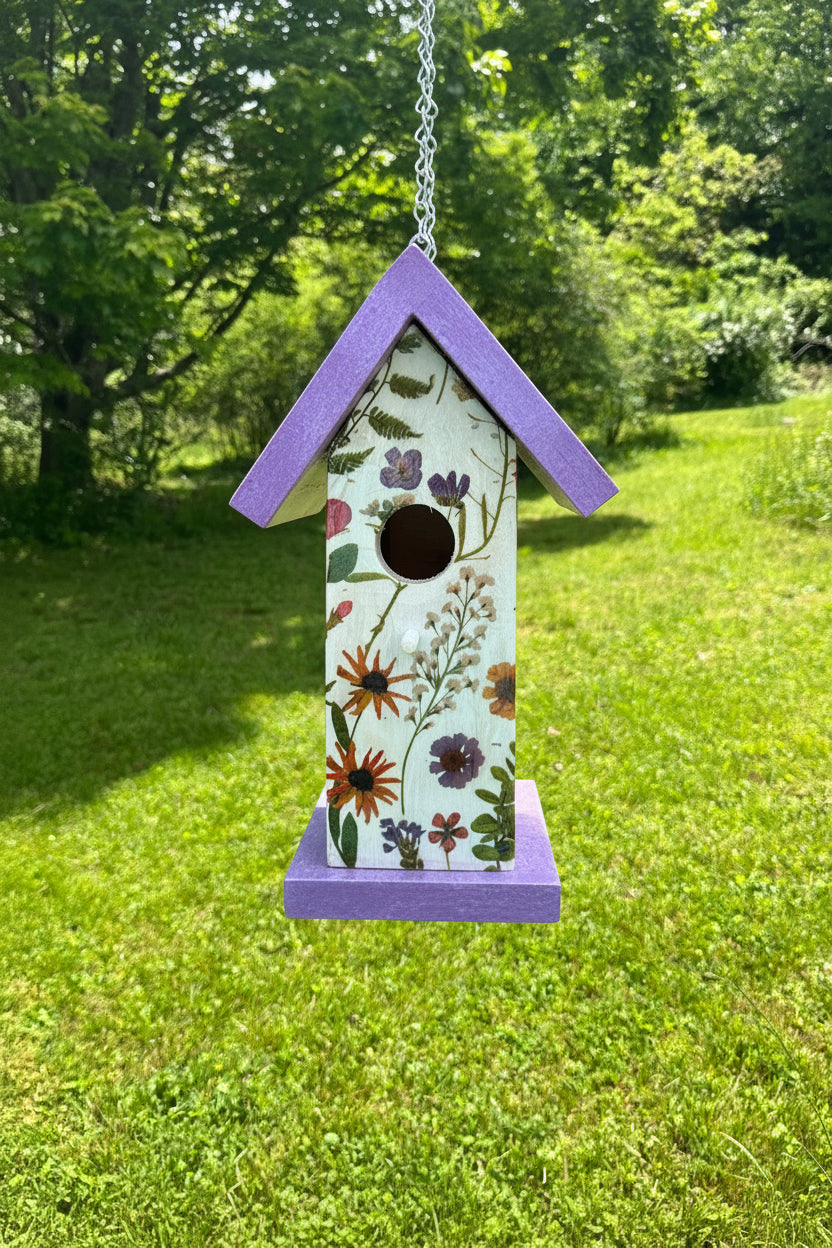 Handmade Purple Wildflower Wooden Birdhouse