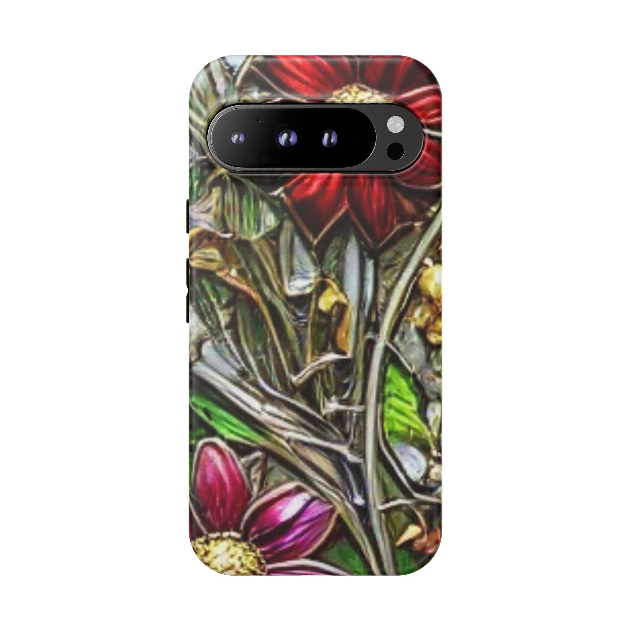 Floral Stained Glass Phone Case – Metallic Red & Purple Flower Design