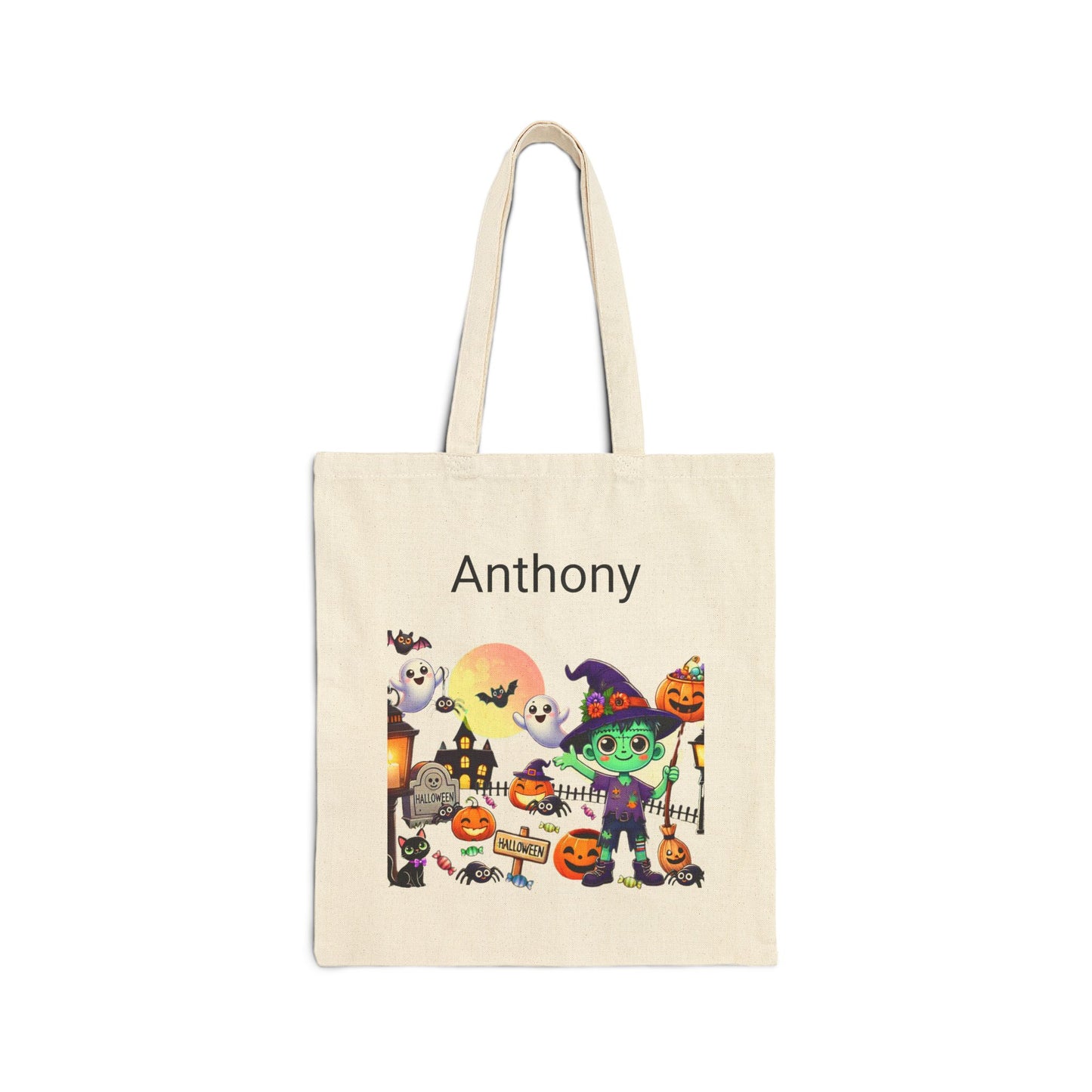 Personalized Trick or Treat Bag, Cute Ghost Pumpkin Halloween Candy Bag, Custom Customization Trick-Or-Treat, Cotton Canvas Tote Bag