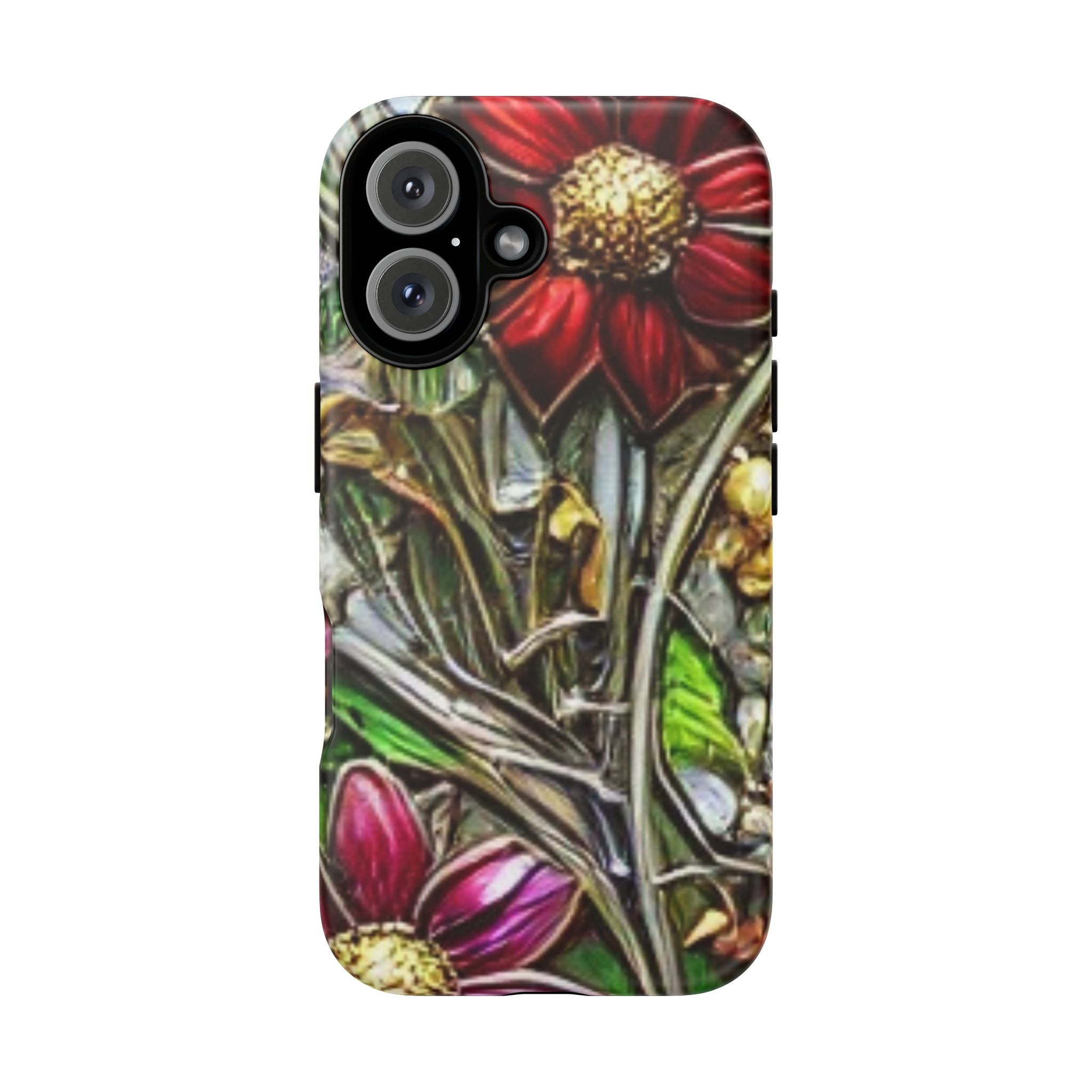 Floral Stained Glass Phone Case – Metallic Red & Purple Flower Design