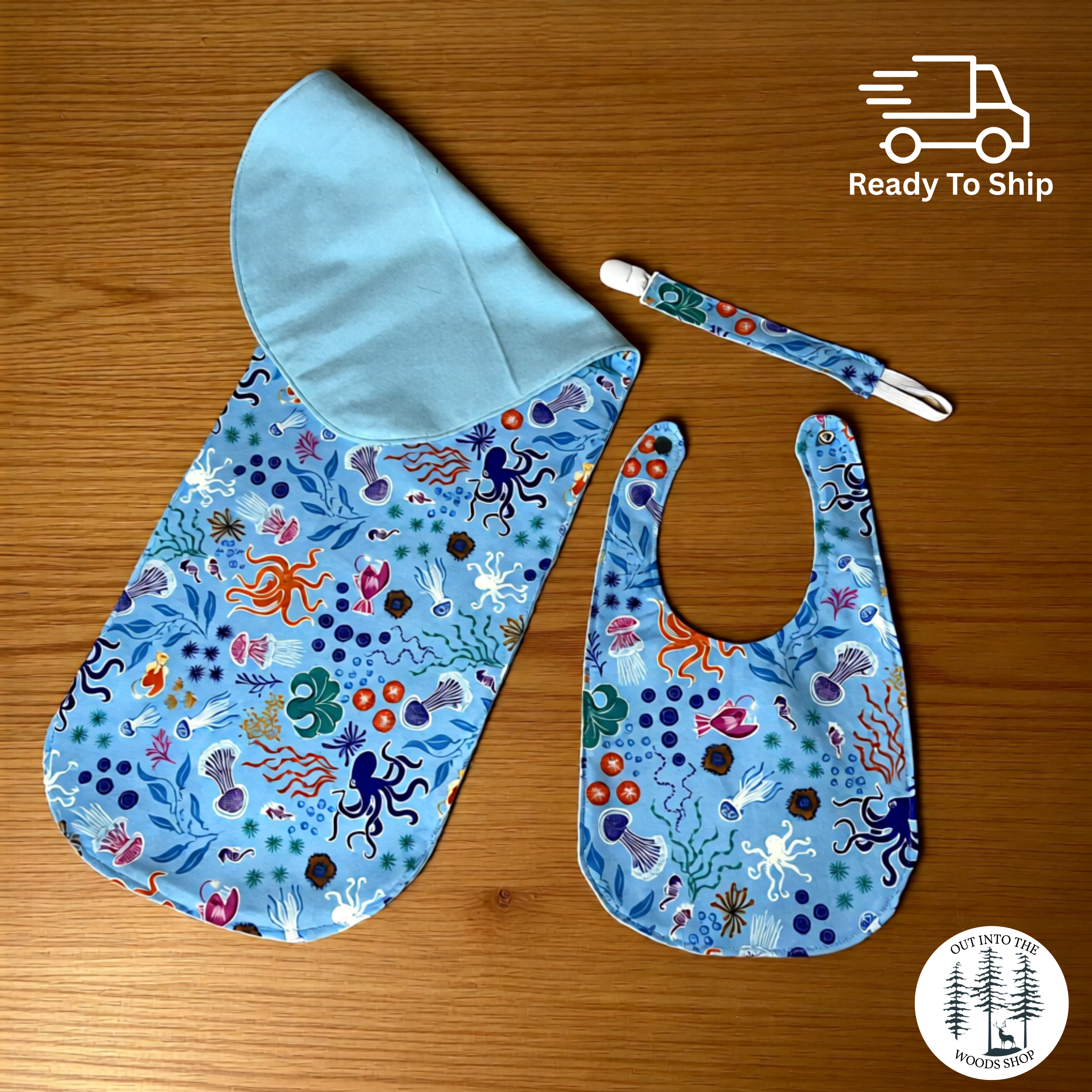 Blue Glow in the Dark Ocean Baby Gift Set – Handmade Bib, Burp Cloth & Pacifier Holder for Newborns (0–3 Months)