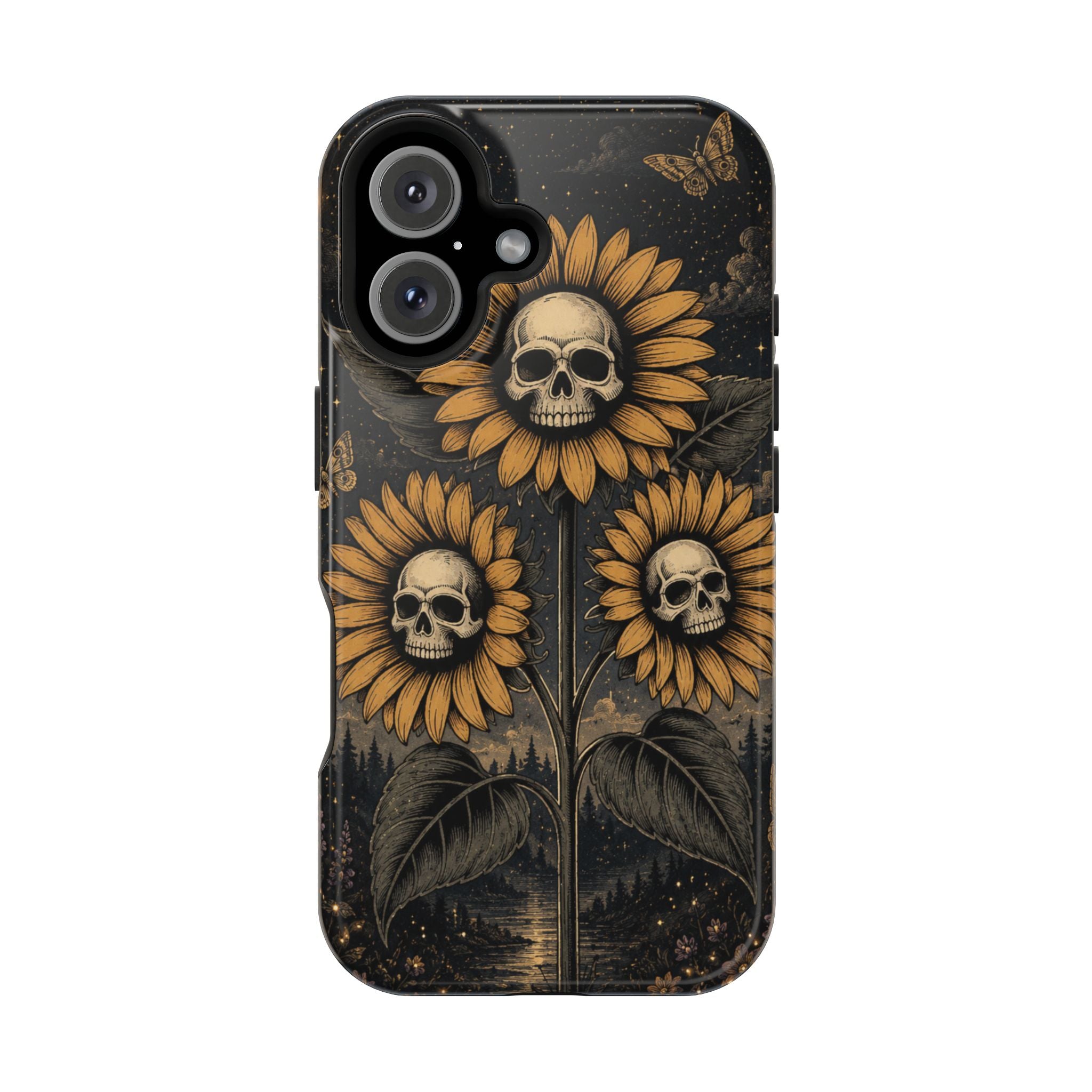 Skull Sunflowers Phone Case – Dark Floral MagSafe-Compatible Cover