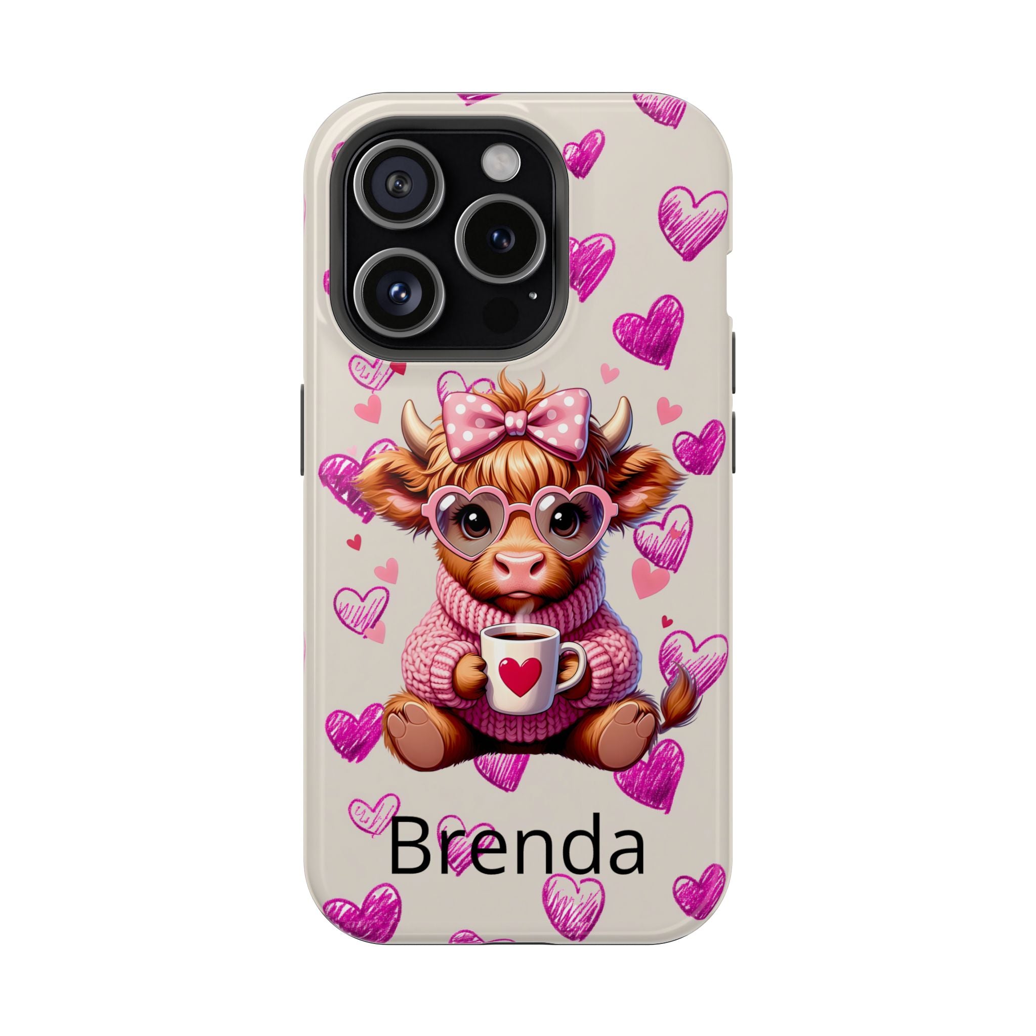 Highland Cow With Pink Hearts iPhone Case, Valentines Magnetic Impact-Resistant Case