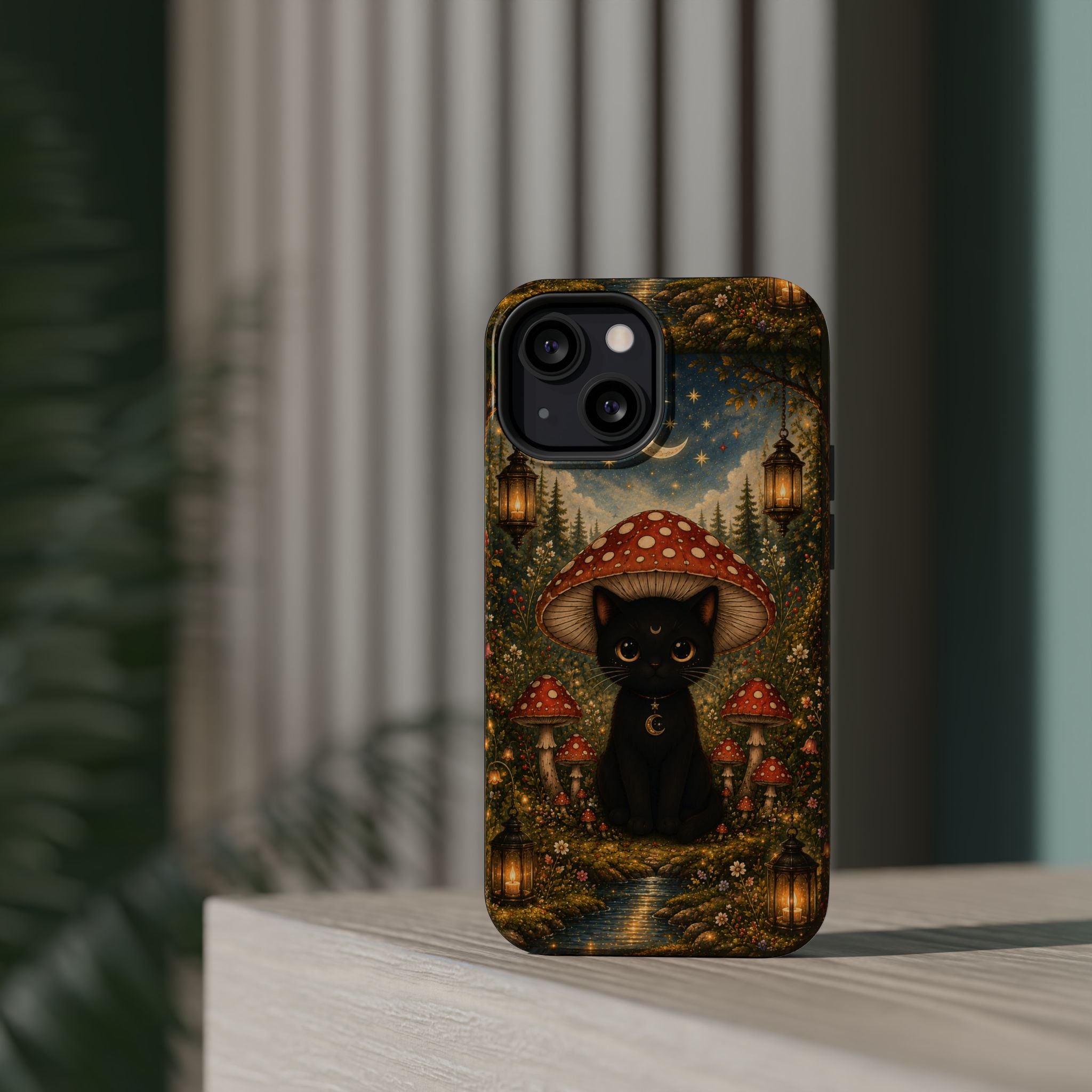 Black Cat & Mushroom Phone Case – Magical MagSafe-Compatible Cover