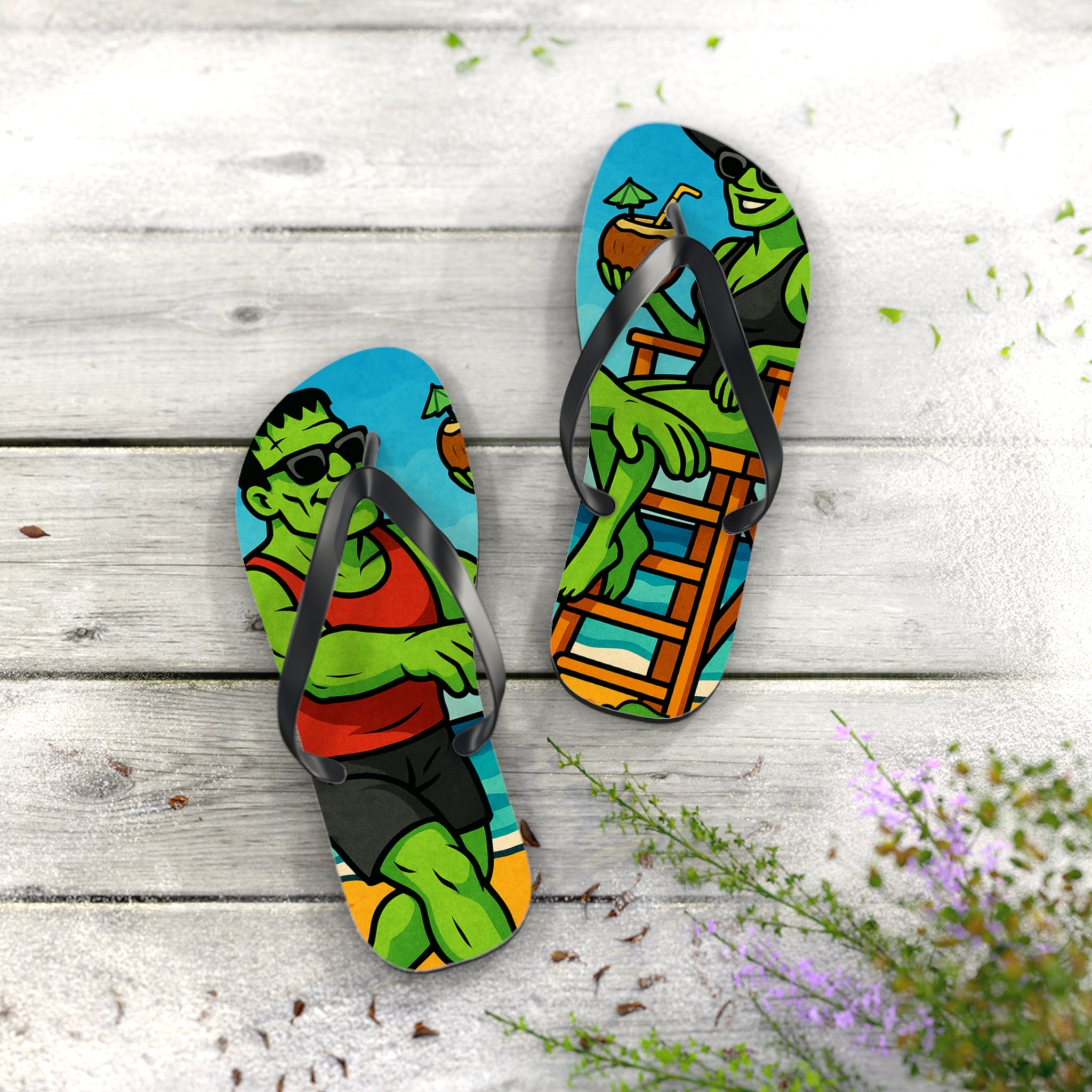 Fun Monster-Themed Flip Flops - Vibrant Summerween Sandals
