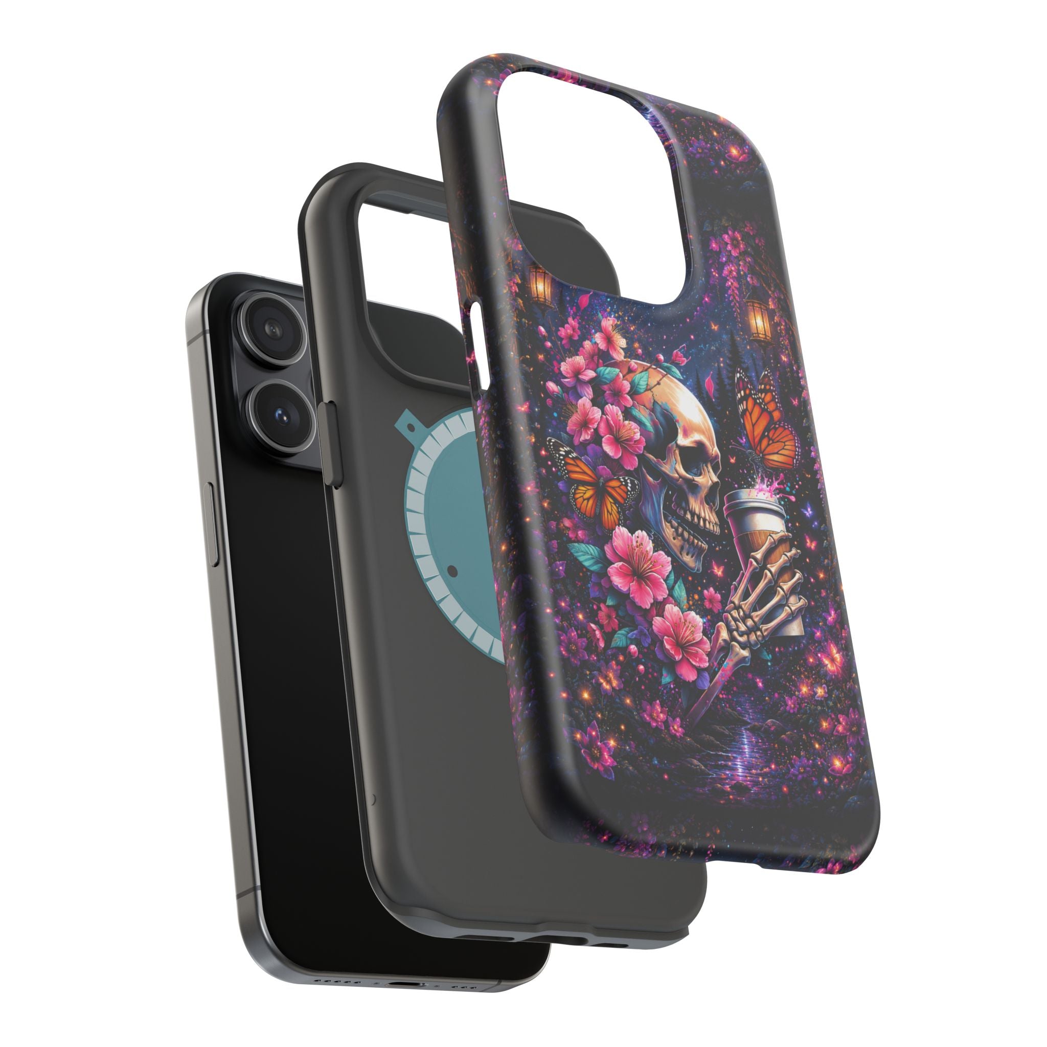 Skull & Cherry Blossom Phone Case – Floral Gothic MagSafe Cover