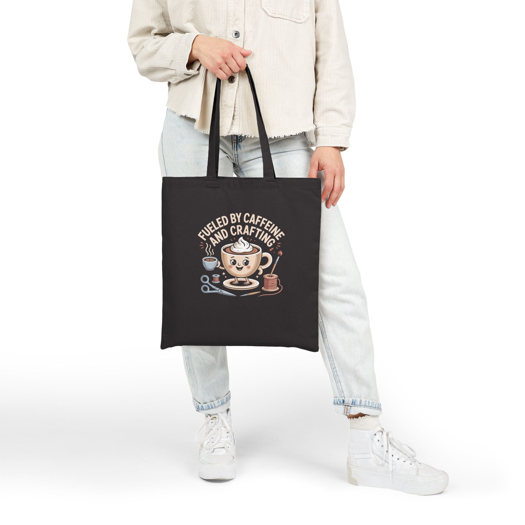Fueled By Caffeine and Crafting Cotton Canvas Tote Bag, Black or Neutral Color, Reusable Grocery Bag, Crafting Group Matching Totes