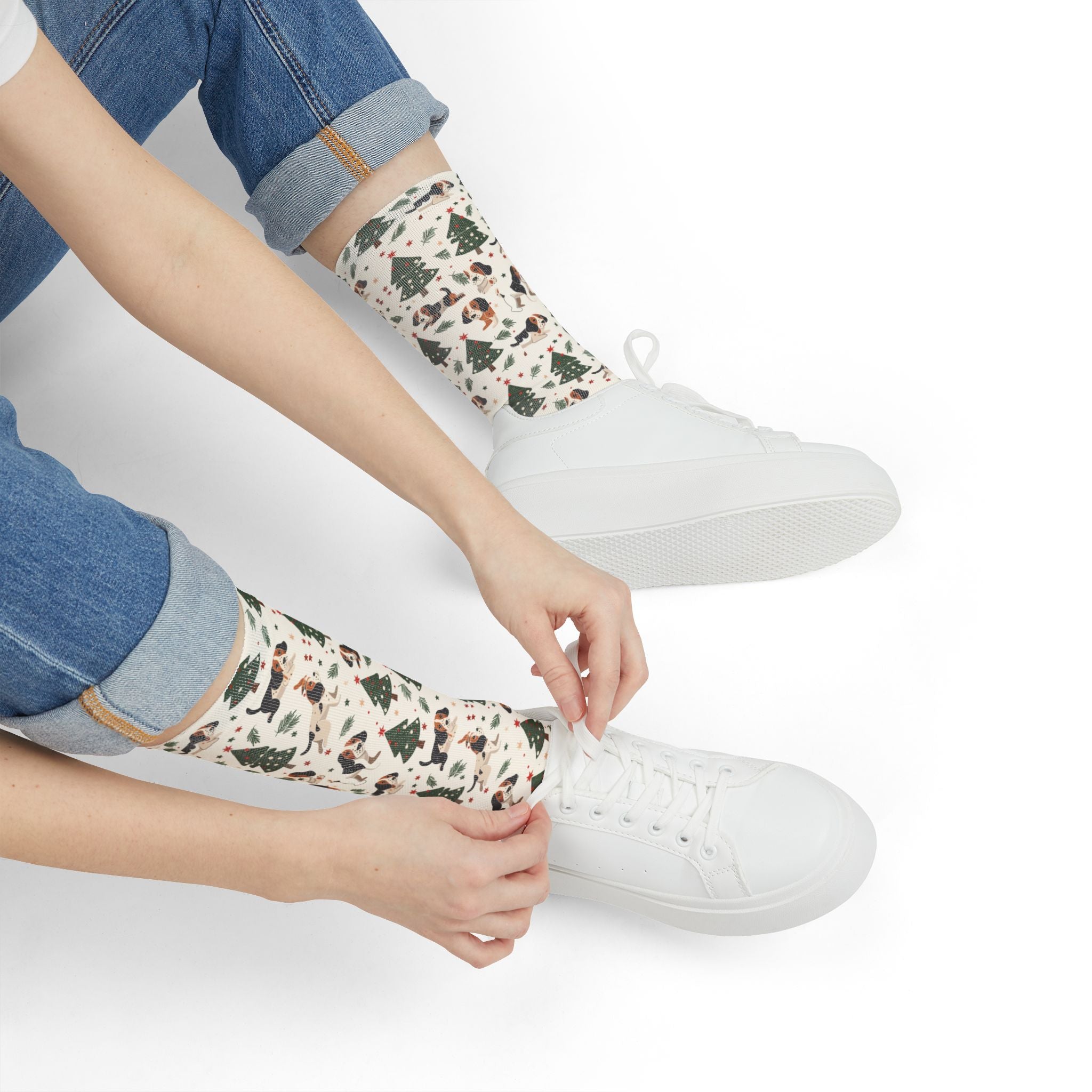 Christmas Woodland Dogs Crew Socks — Cute Holiday Trees & Beagles Sublimation Socks